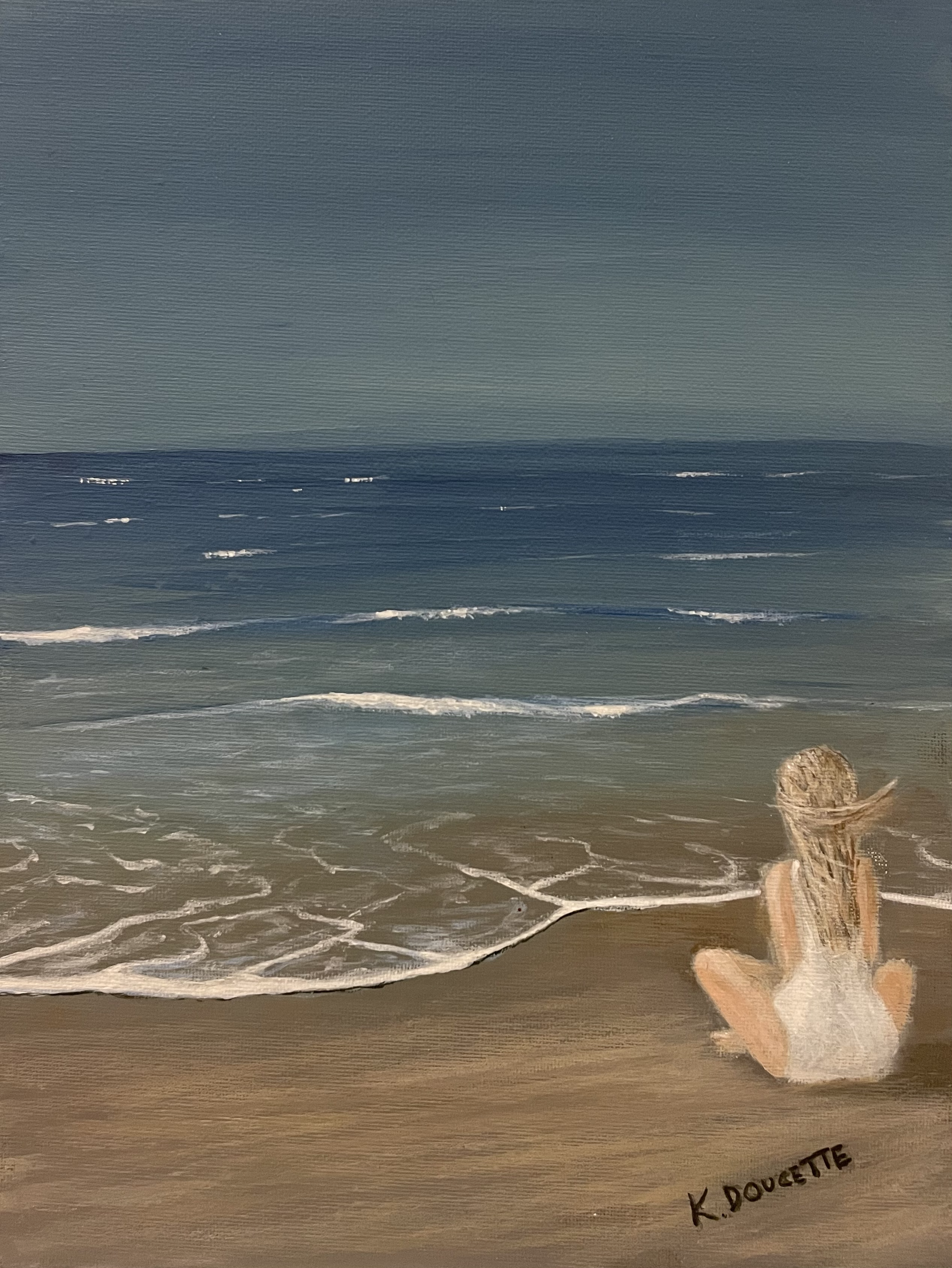 Painting of a person sitting on a beach, facing the ocean with waves gently rolling onto the shore. The sky is overcast, creating a calm atmosphere.