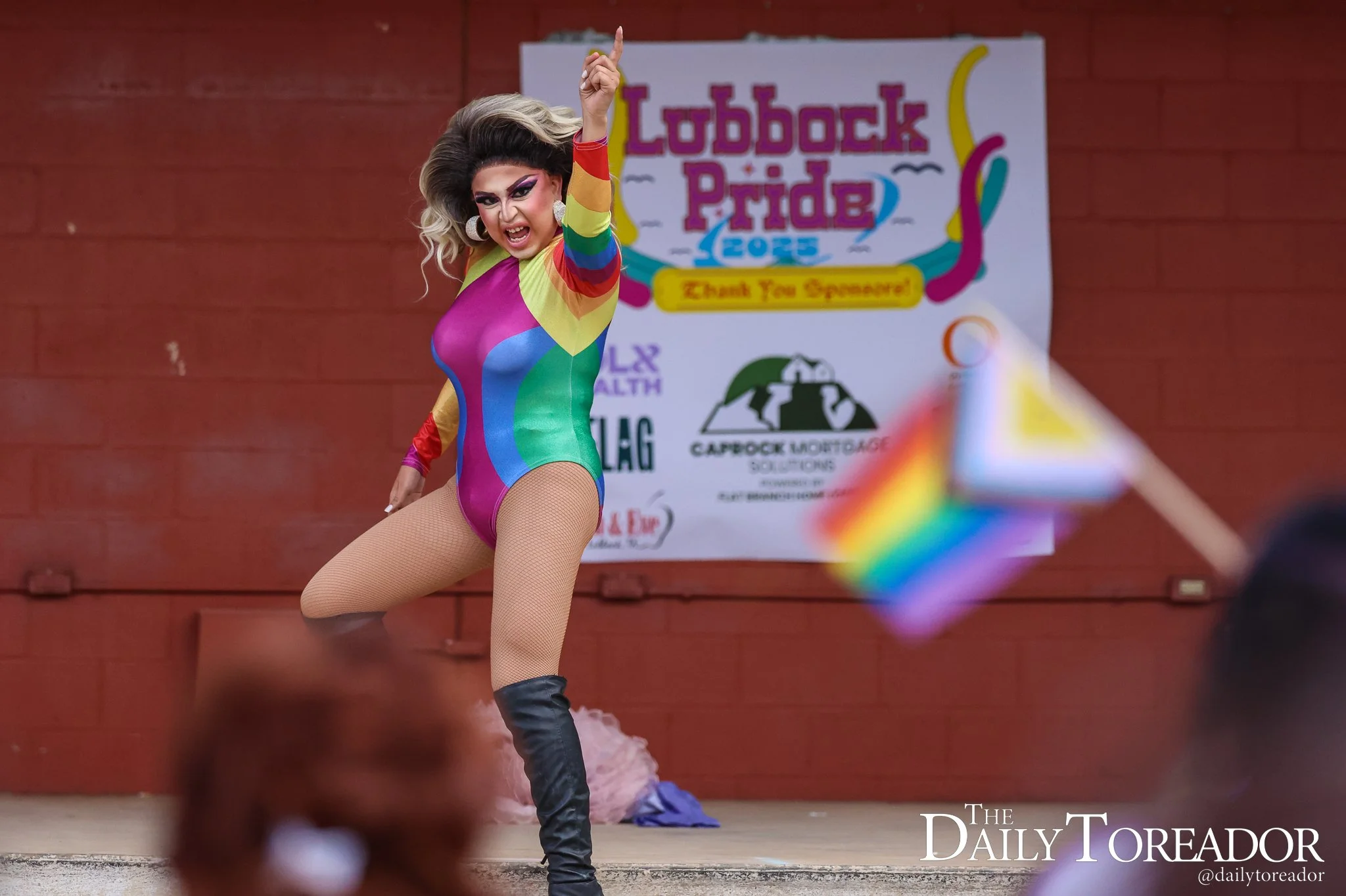 Vanessa Stefani, a Lubbock drag queen, interacts with fans while performing at Lubbock PRIDE's Pride Fest at the Louise Hopkins Underwood Center for the Arts in downtown Lubbock, June 28, 2025. Stefani said that despite recent community sentiments to