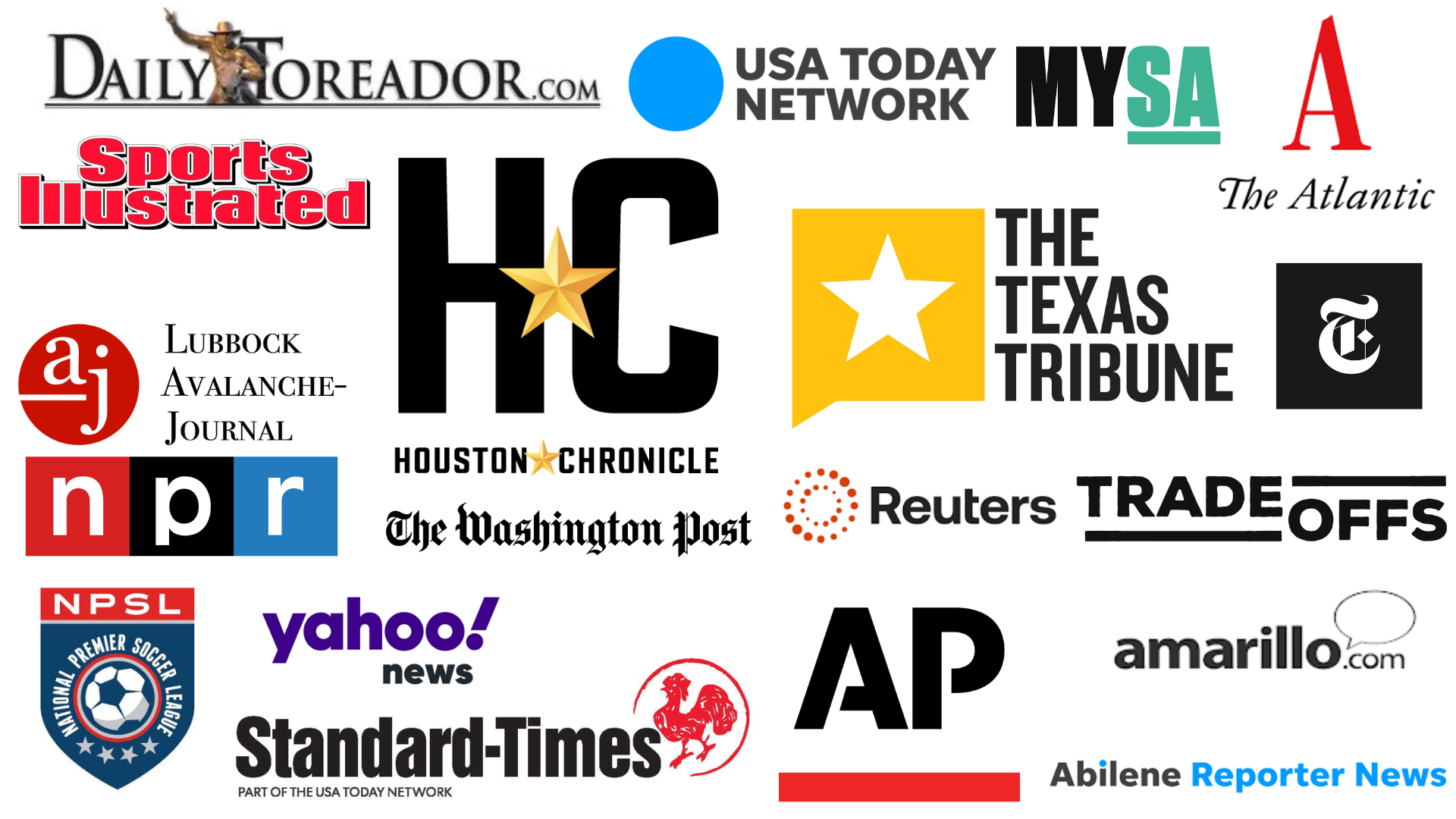 A collage of various news and media outlet logos including Daily Maverick, USA Today Network, Sports Illustrated, The Atlantic, Houston Chronicle, The Washington Post, Reuters, Trade Offs, NPR, Yahoo News, AP, Amarillo.com, and others.