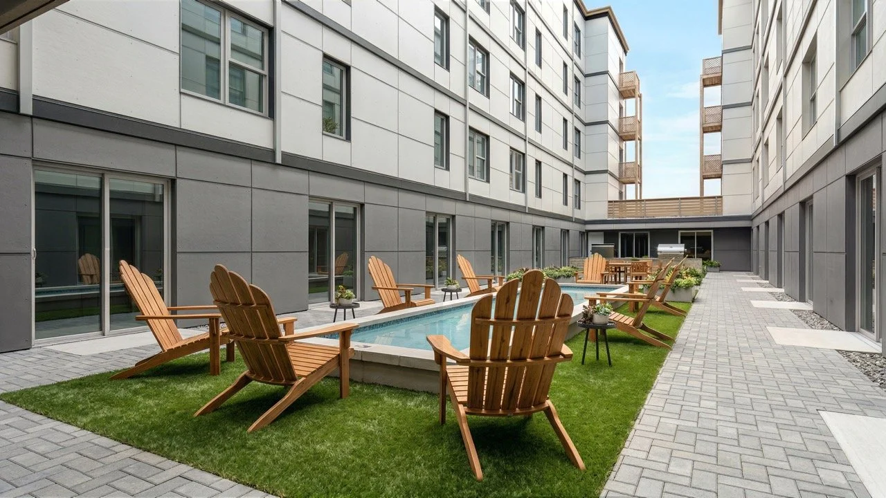 Step outside without leaving home. The Hub's courtyard is the kind of place you didn't know you needed — a quiet patch of green, a reflecting pool, and a chair with your name on it. Whether you're decompressing after a long day or just catching some 