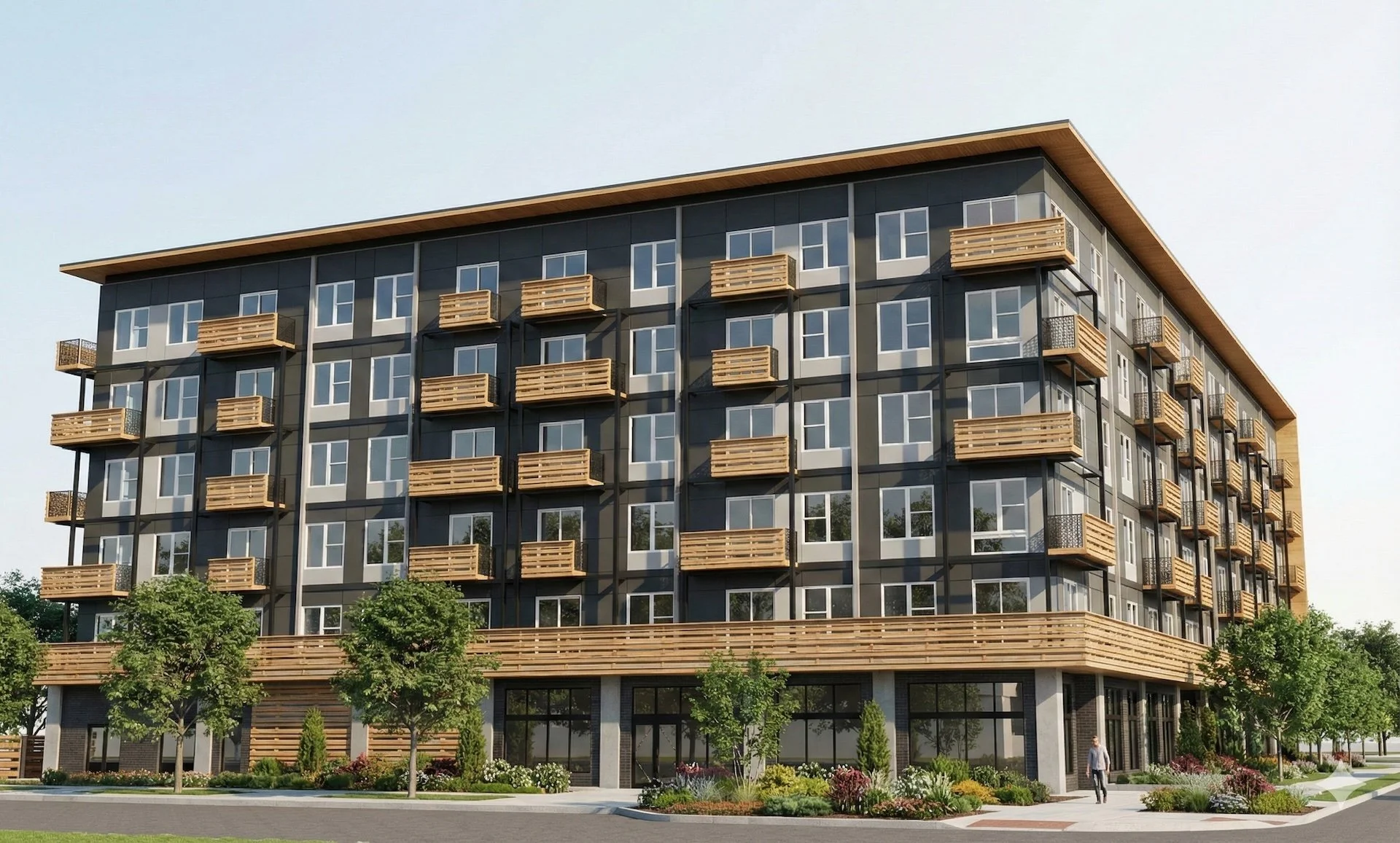 Modern multi-story apartment building with wooden balconies, surrounded by trees and landscaped greenery.