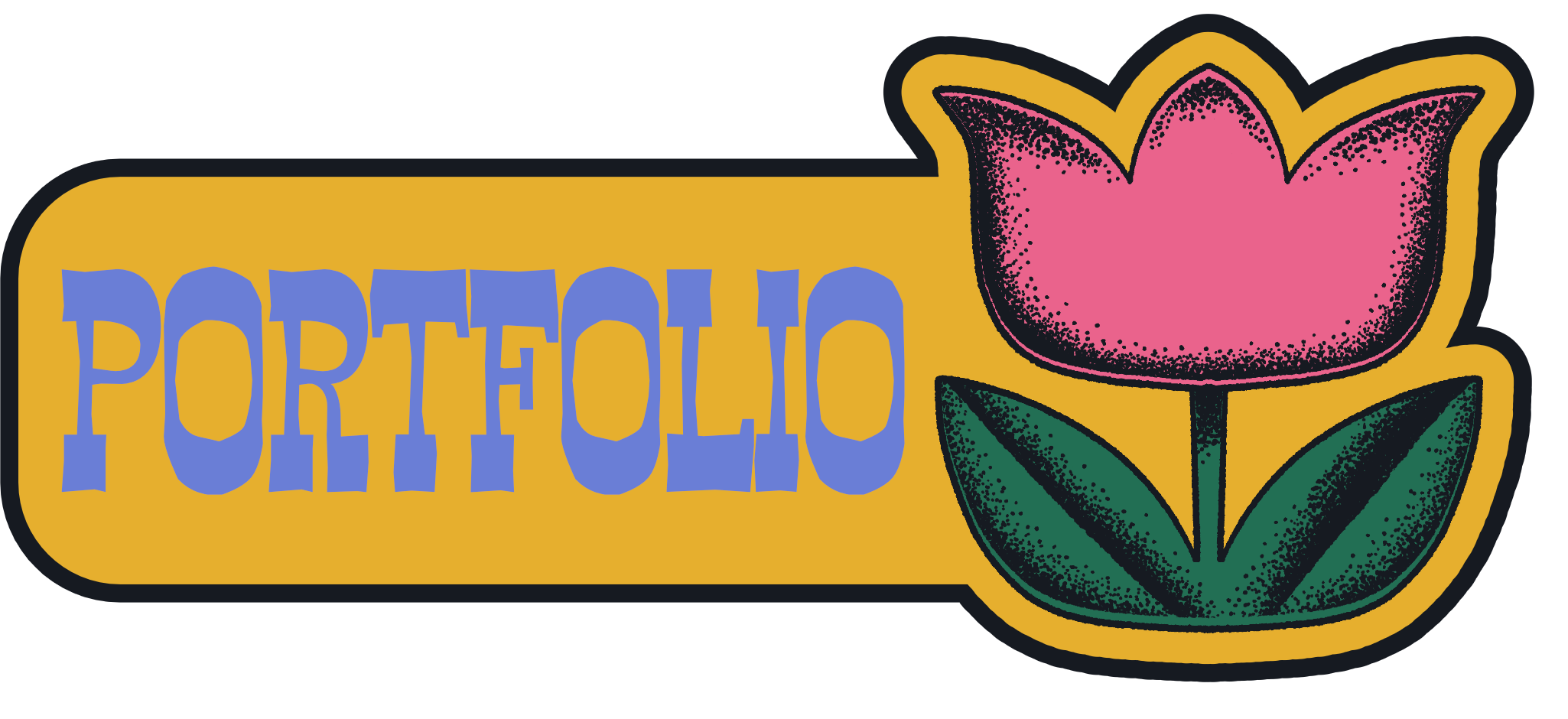 Colorful graphic with the word 'PORTFOLIO' in purple lettering and a pink flower with green leaves on a yellow background.