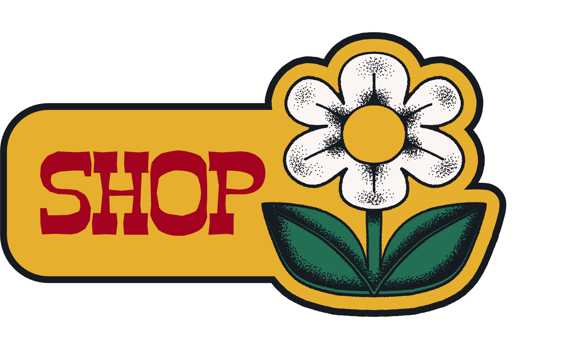 A sign with a yellow background and the word 'STOP' written in red next to a white flower with a yellow center and green leaves.