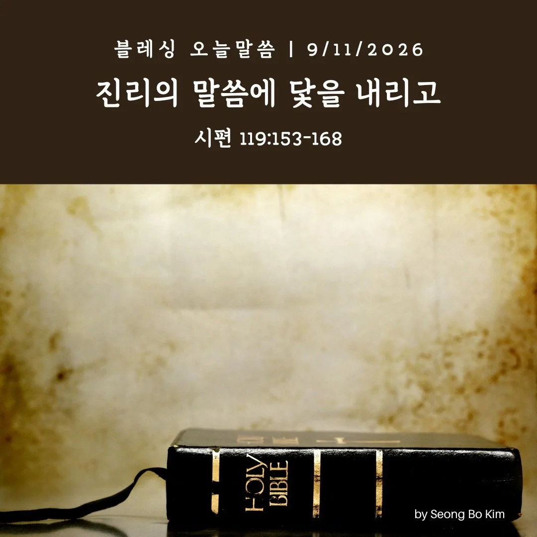 블레싱 오늘말씀 9/11/2026
진리의 말씀에 닻을 내리고 

시편 119:153-168

#시애틀 #블레싱교회 #오늘말씀 #생명의삶