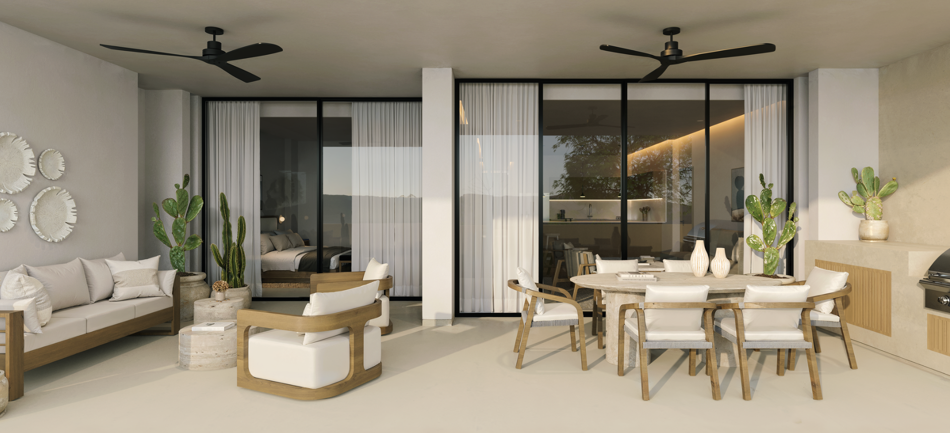 Sala de estar moderna con muebles de madera y cojines blancos, plantas de cactus, grandes ventanas de cristal con cortinas blancas, y vista a un dormitorio y una cocina en el fondo.
Diseño de interiores. 
Interior design project. 
Styling packages.