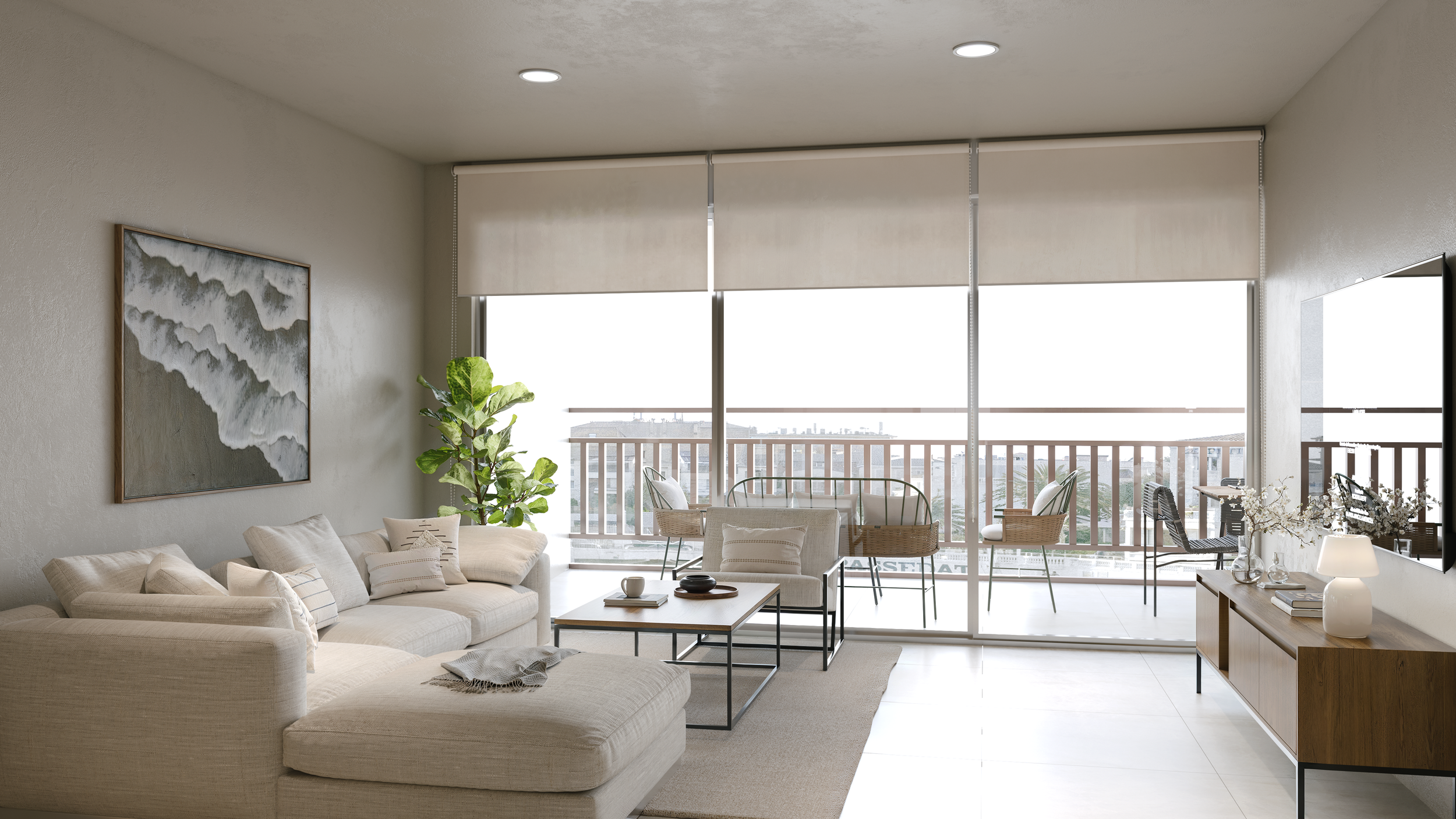 Sala de estar moderna con muebles beige, plantas verdes, ventanas panorámicas con cortinas, y balcón con vista a la ciudad.
Diseño de interiores. 
Interior design project. 
Styling packages.