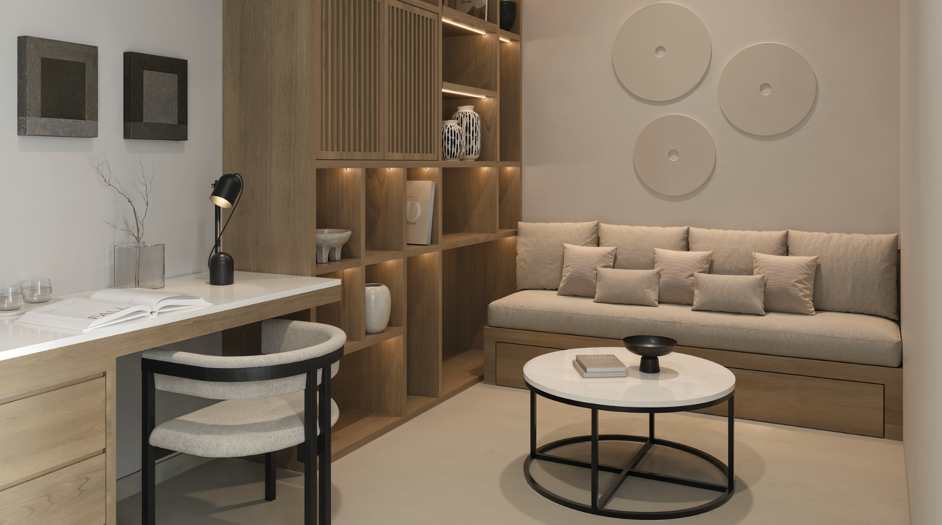 Sala moderna con sillón, mesa de centro, estantería de madera con accesorios decorativos, y paredes decoradas con círculos en relieve.
Diseño de interiores. 
Interior design project. 
Styling packages.