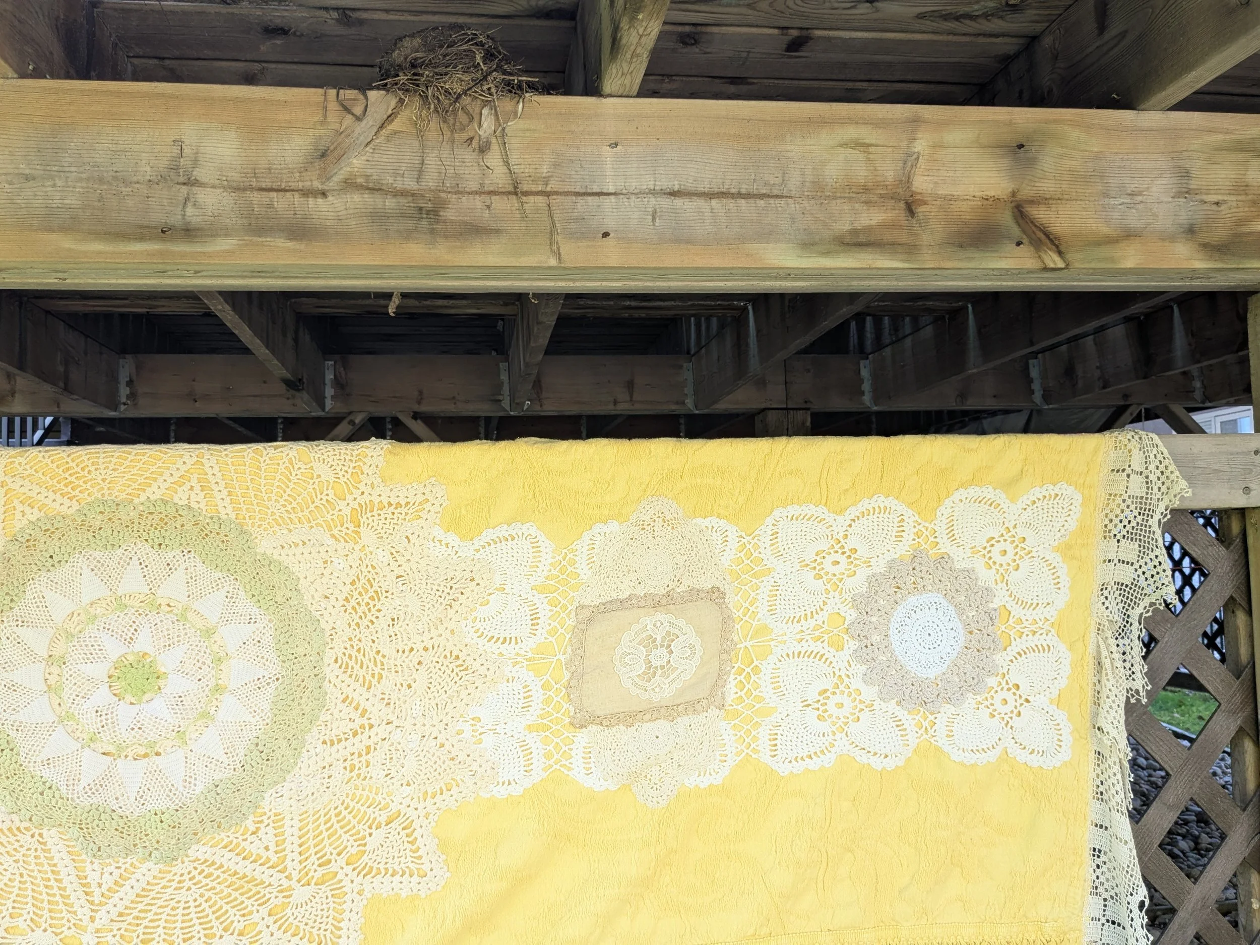 Beautiful cozy throw blanket shawl with upcycled vintage, antique and repurposed doilies and lace.