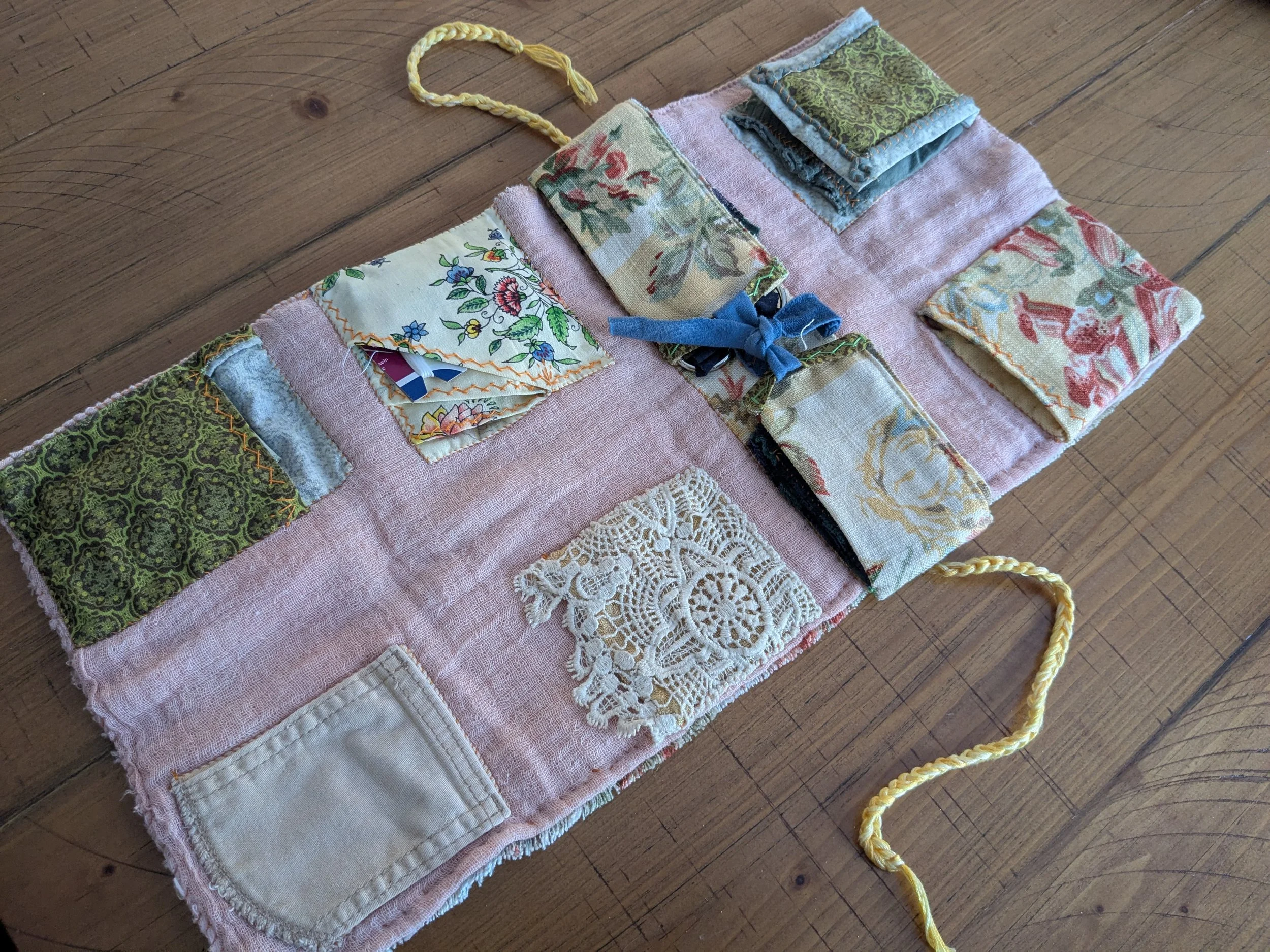 Slow-stitched sewing kit for your slow stitch projects.  All fabric and notions are upcycled and second-hand.