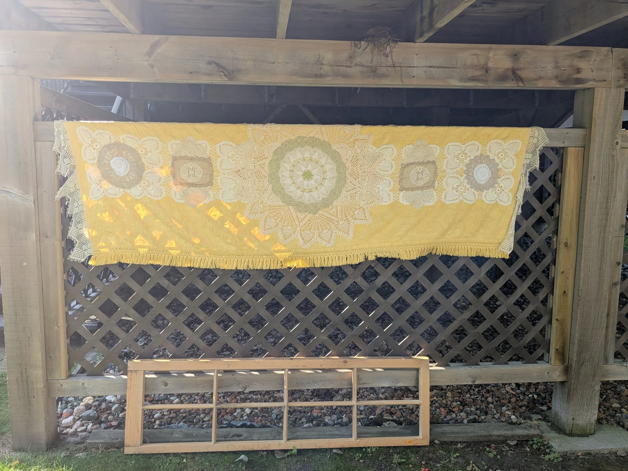 Beautiful cozy throw blanket shawl with upcycled vintage, antique and repurposed doilies and lace.