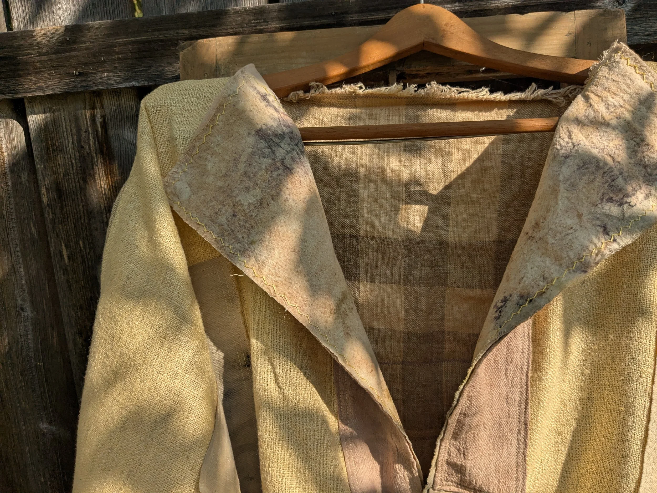 Handcrafted ceremonial shawl, linen and cotton with naturally dyed and eco-printed panels. Collar details.