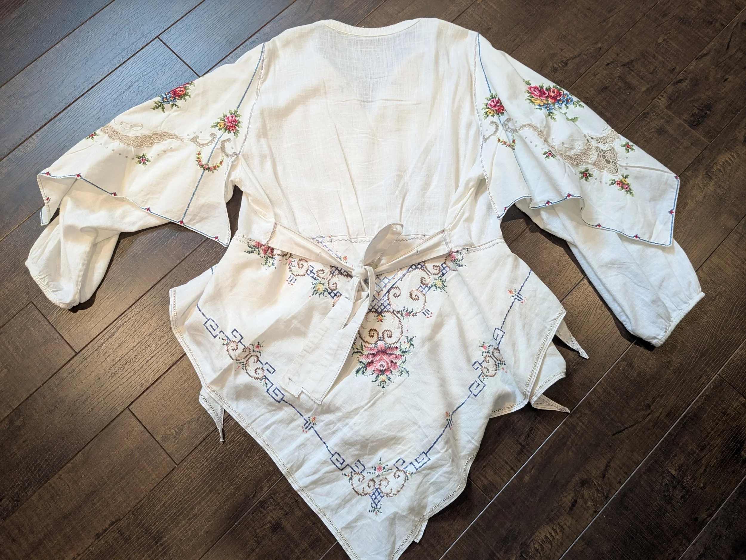 Reworked blouse using beloved textiles.