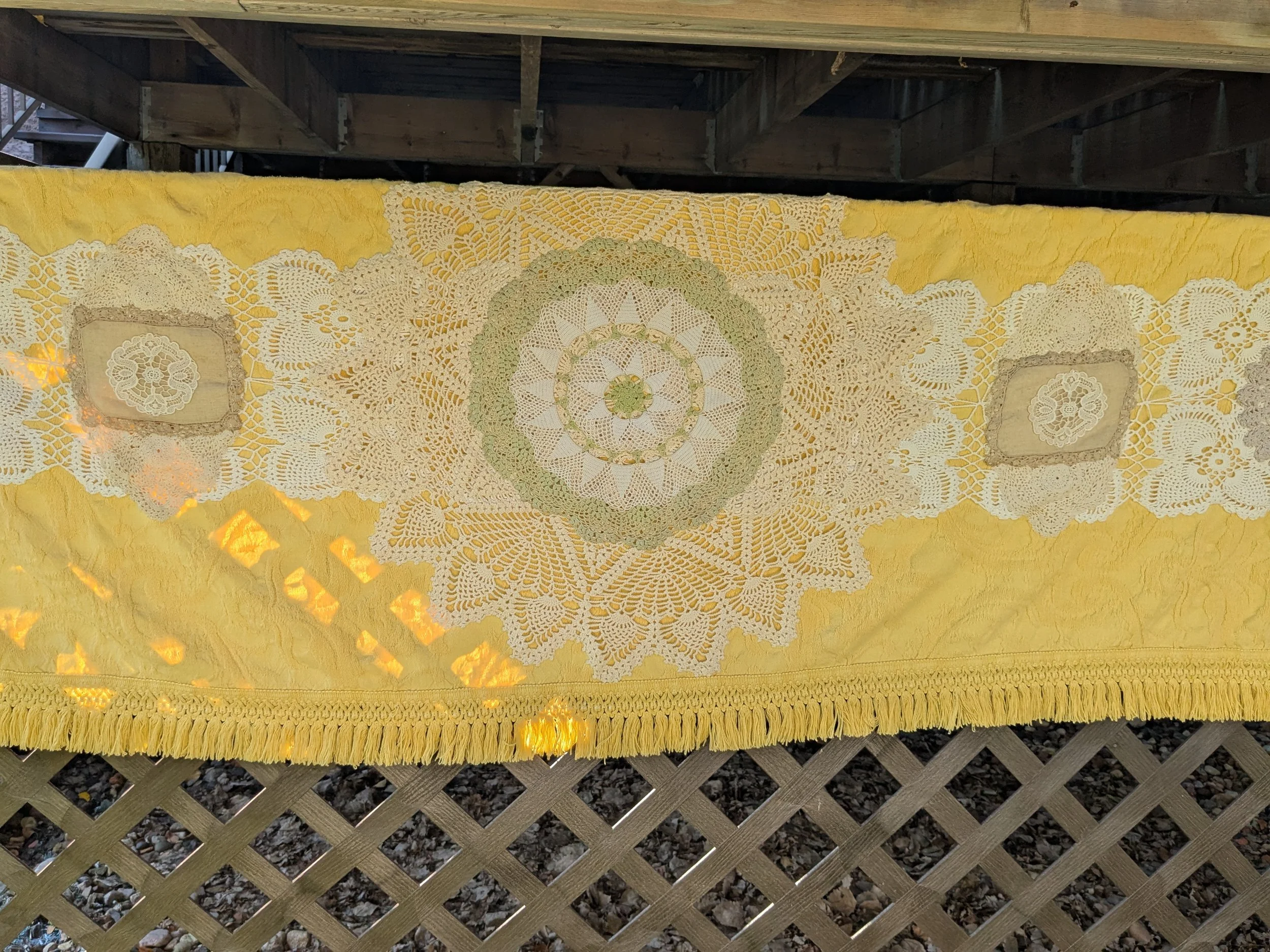 Beautiful cozy throw blanket shawl with upcycled vintage, antique and repurposed doilies and lace.