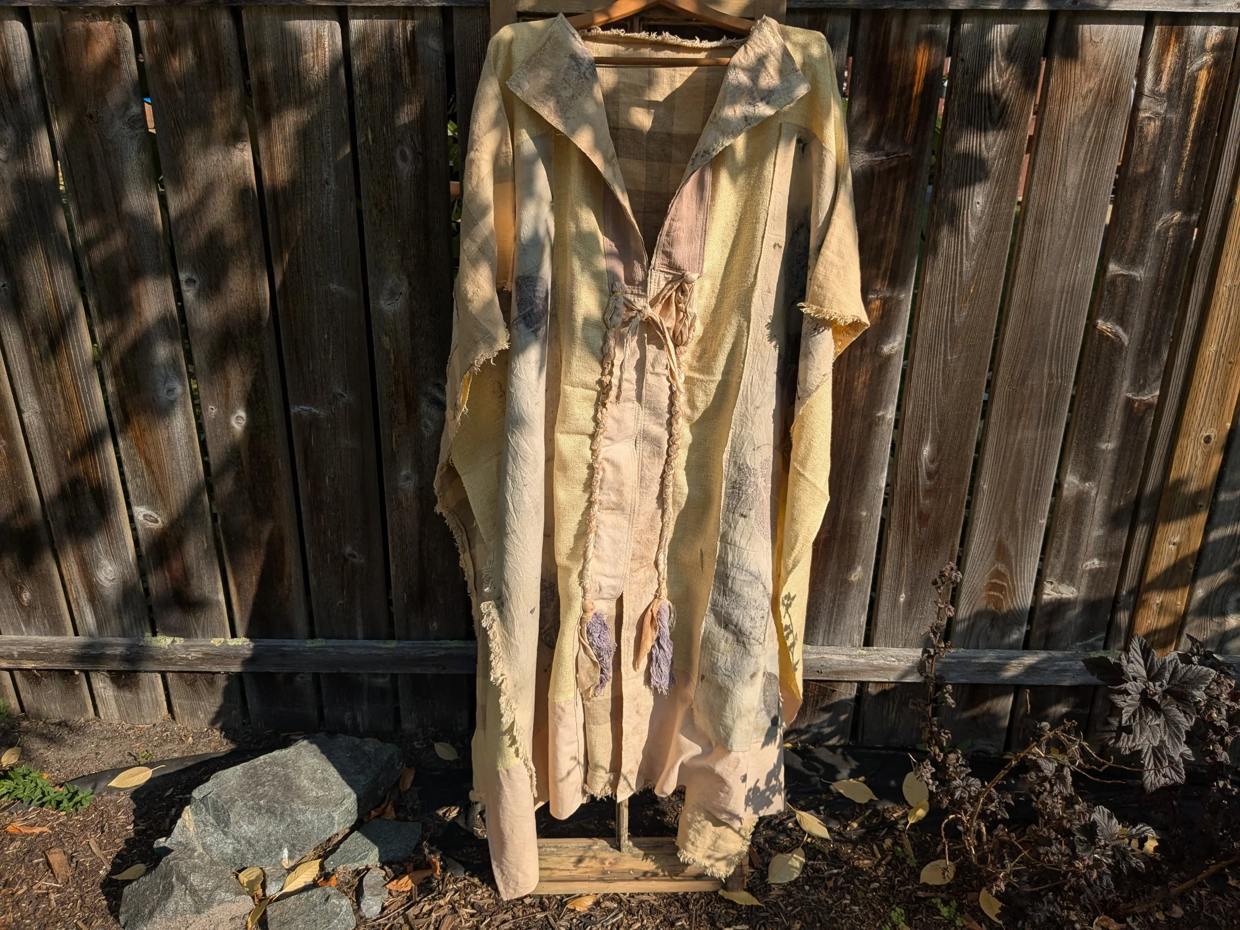 Handcrafted ceremonial shawl, linen and cotton with naturally dyed and eco-printed panels.