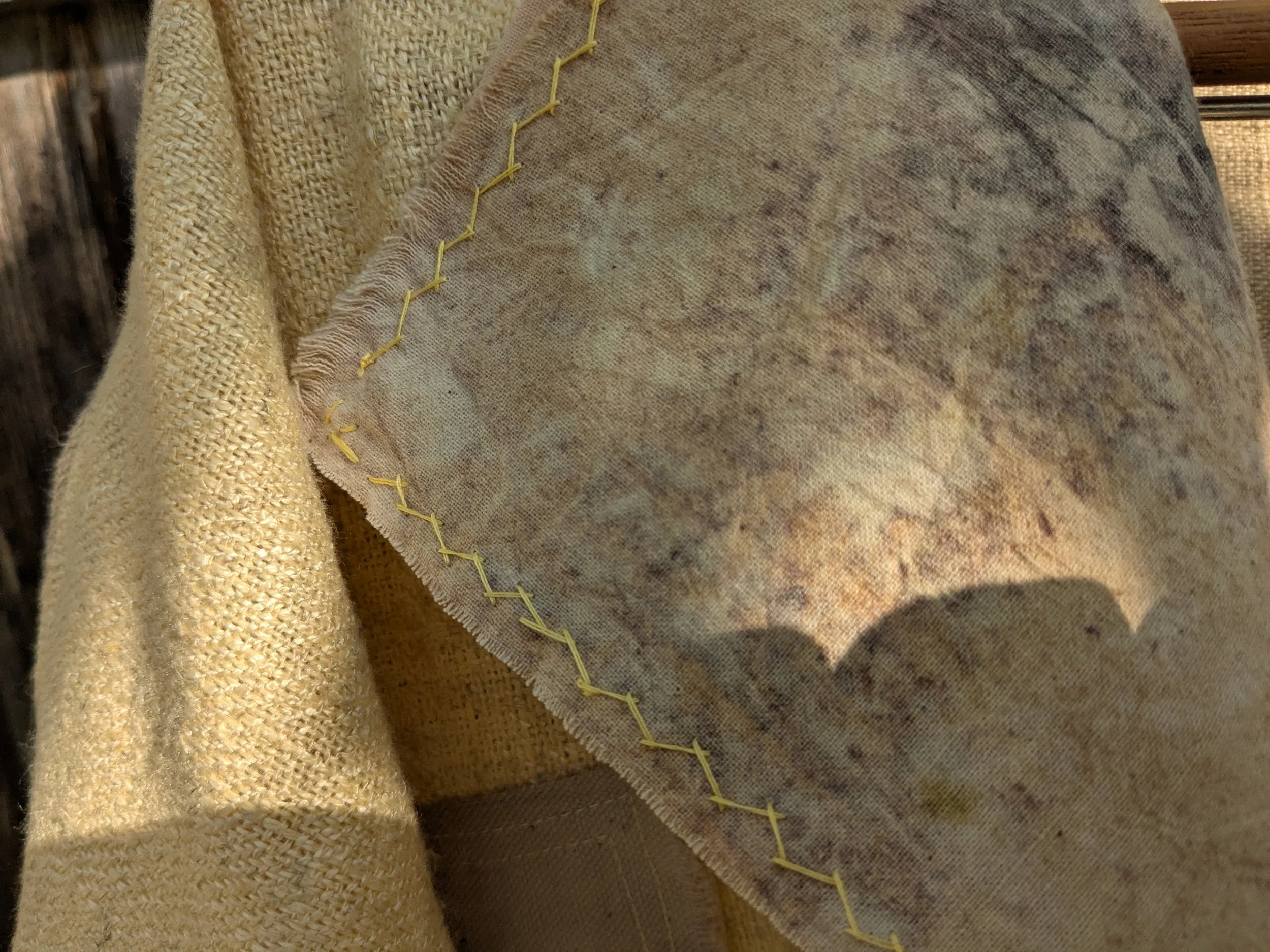 Handcrafted ceremonial shawl, linen and cotton with naturally dyed and eco-printed panels. Collar details up close.