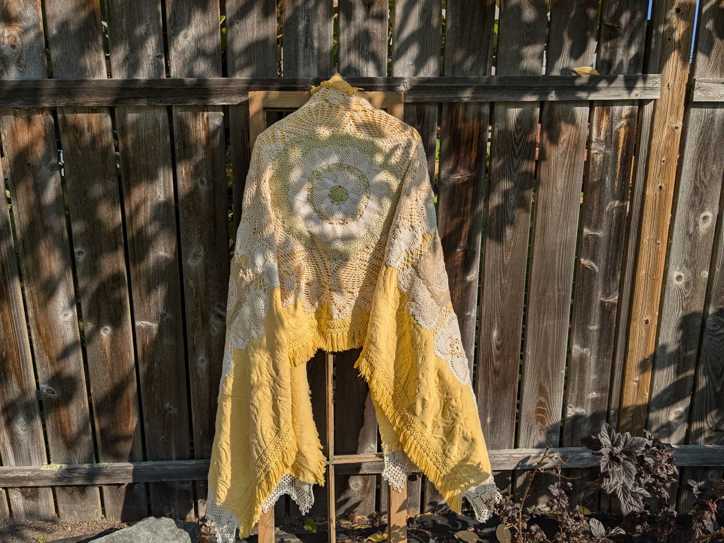 Beautiful cozy throw blanket shawl with upcycled vintage, antique and repurposed doilies and lace.