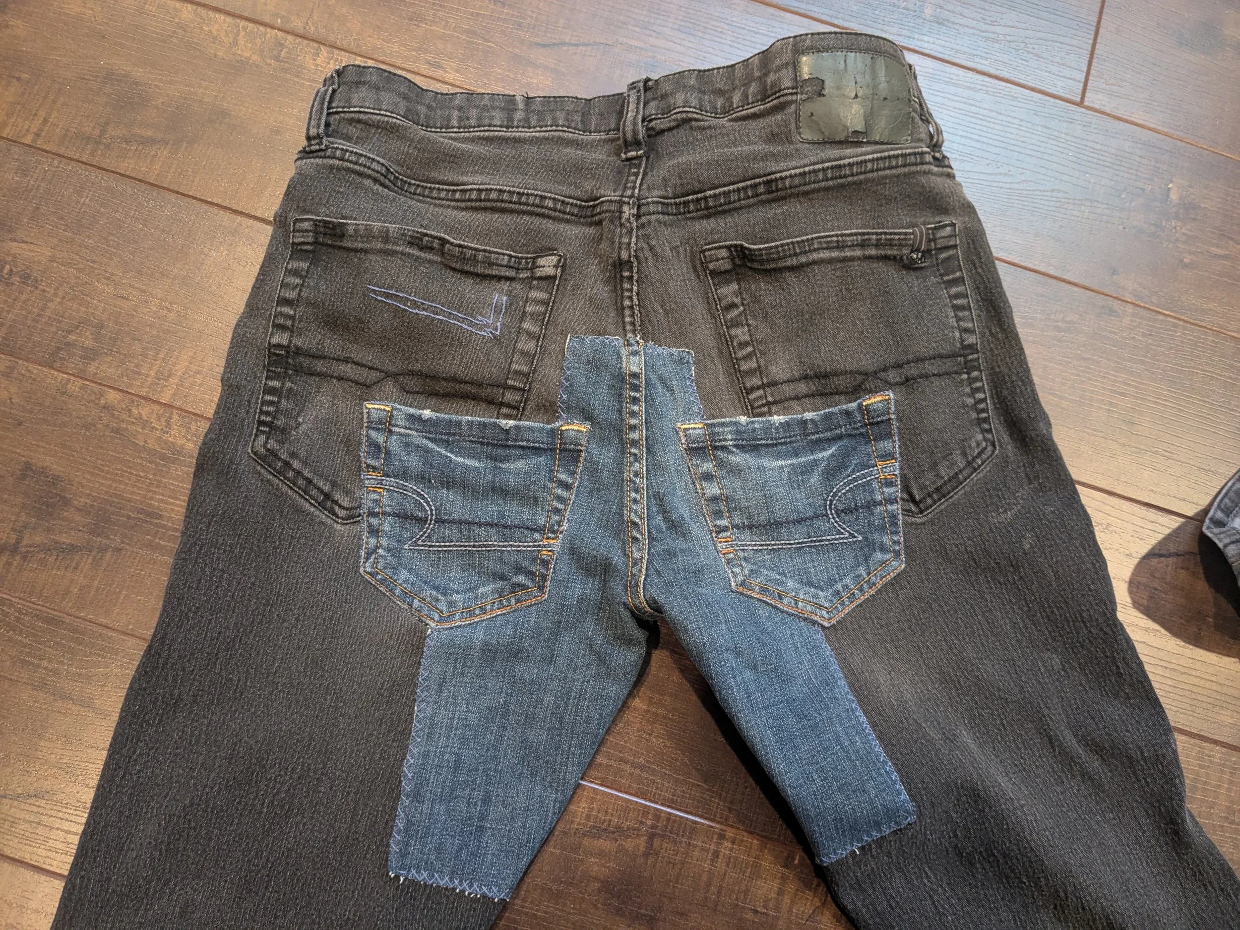 Completed seat patchwork for jeans and two additional pockets added for the client (who truly appreciates them for work!).