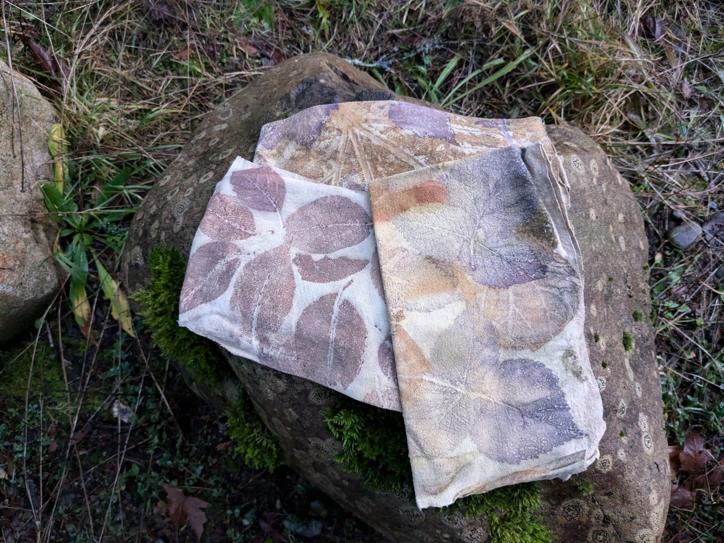 Eco-prints, naturally dyed on upcycled cotton and linen fabric.