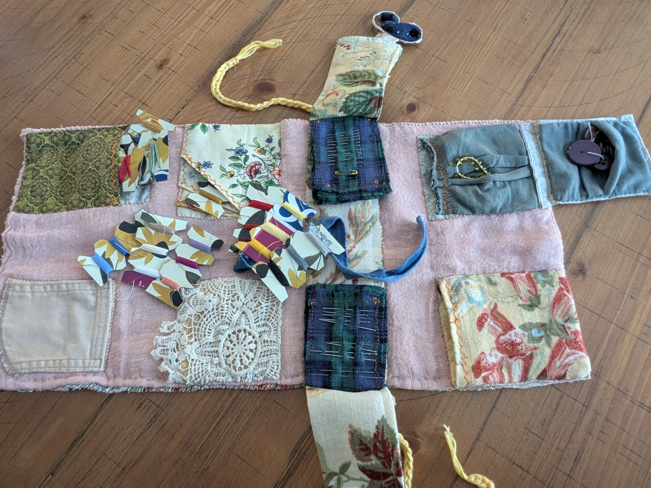 Slow-stitched sewing kit for your slow stitch projects.  All fabric and notions are upcycled and second-hand.
