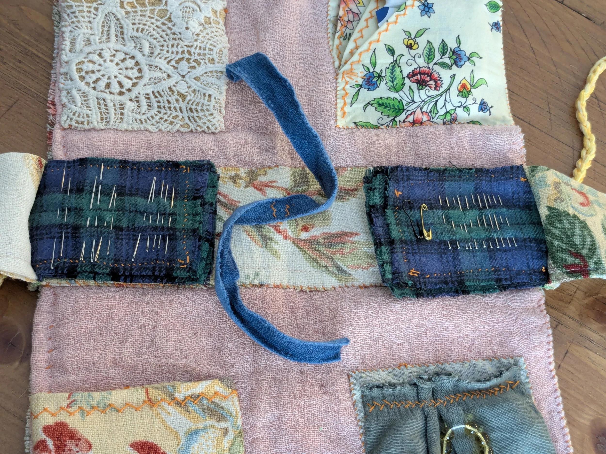 Slow-stitched sewing kit for your slow stitch projects.  All fabric and notions are upcycled and second-hand.