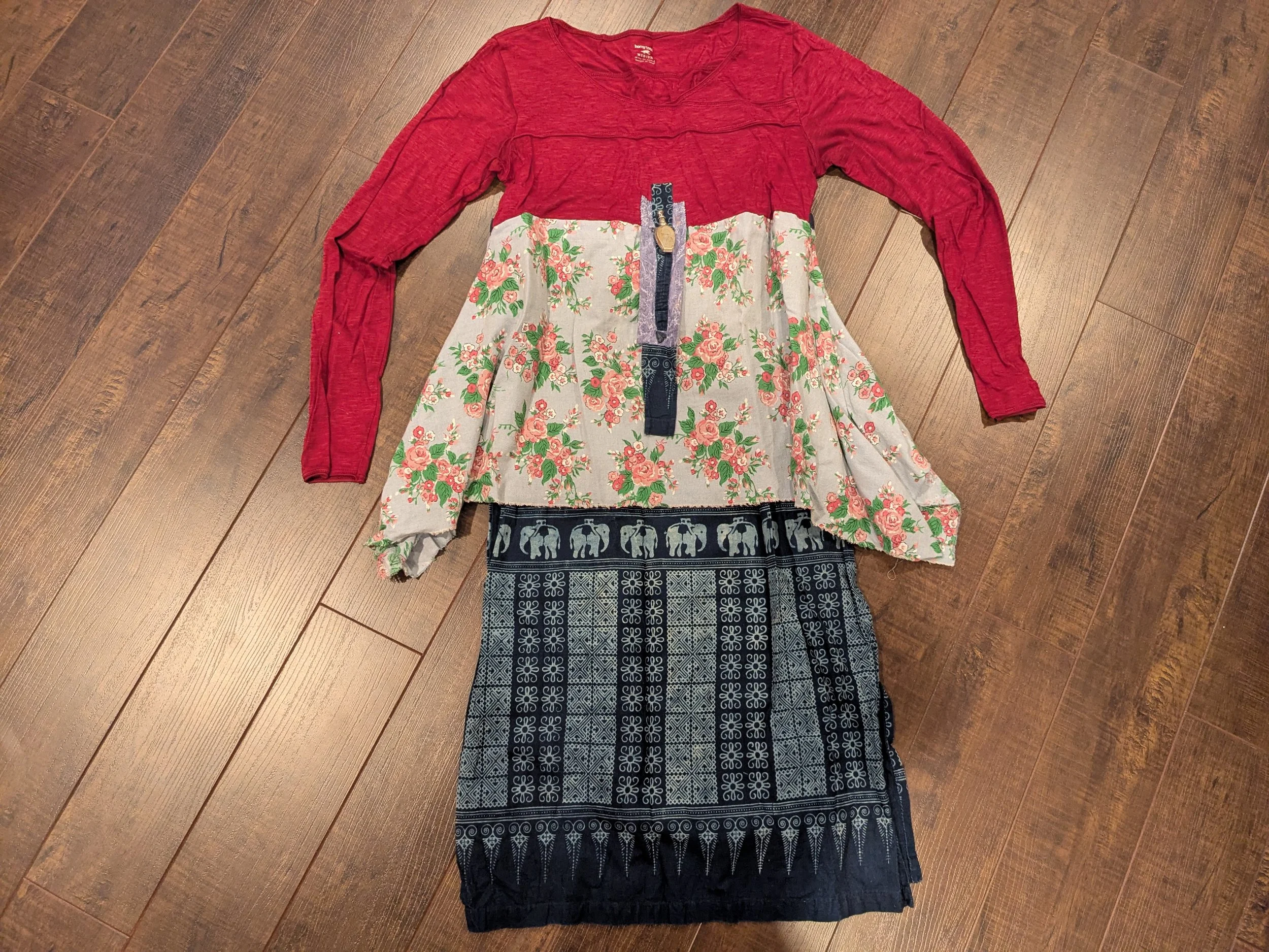 Reworked stretchy shirt into dress.