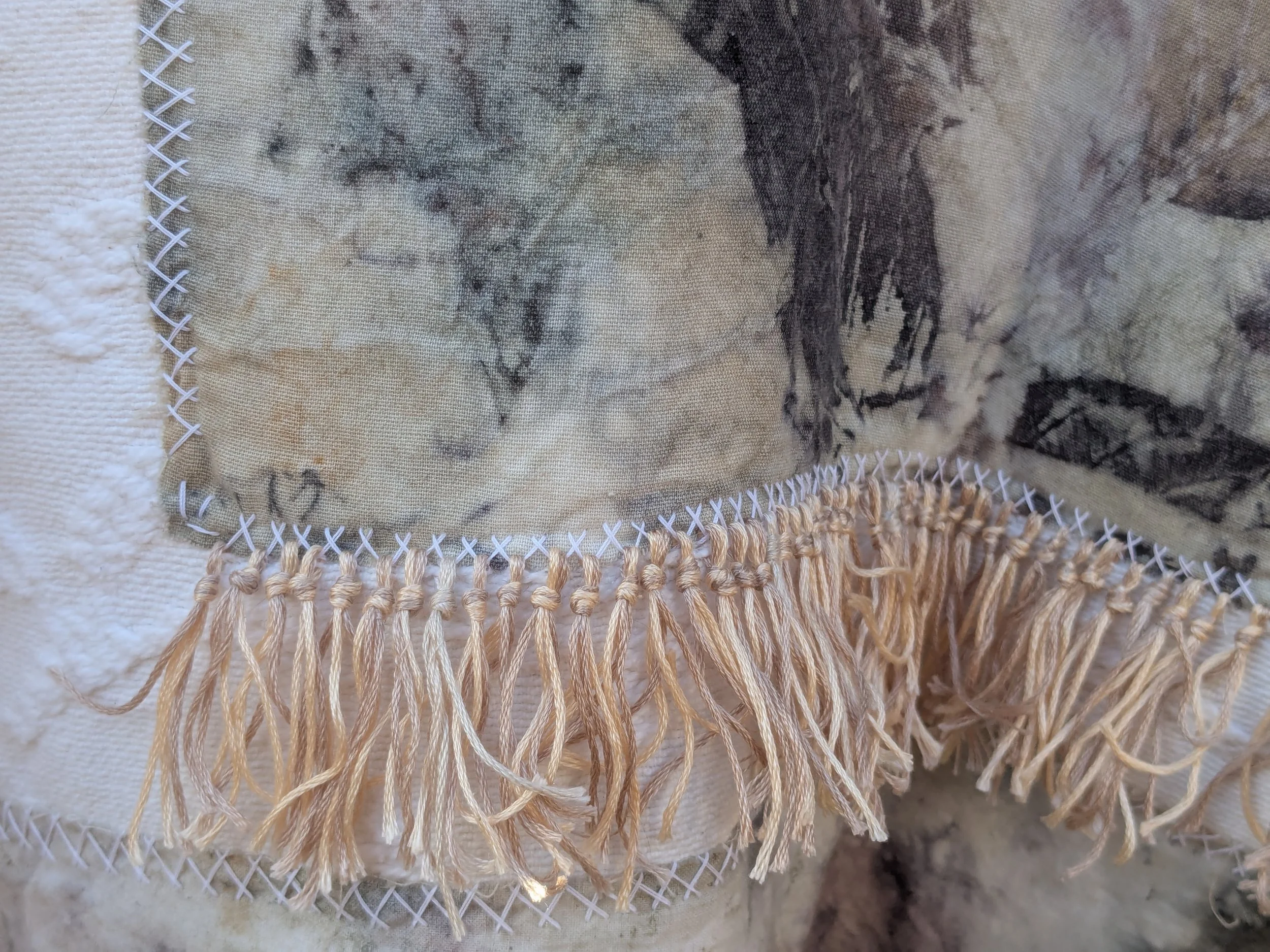Spring cozy throw shawl made of upcycled white blanket and ecoprint panels.