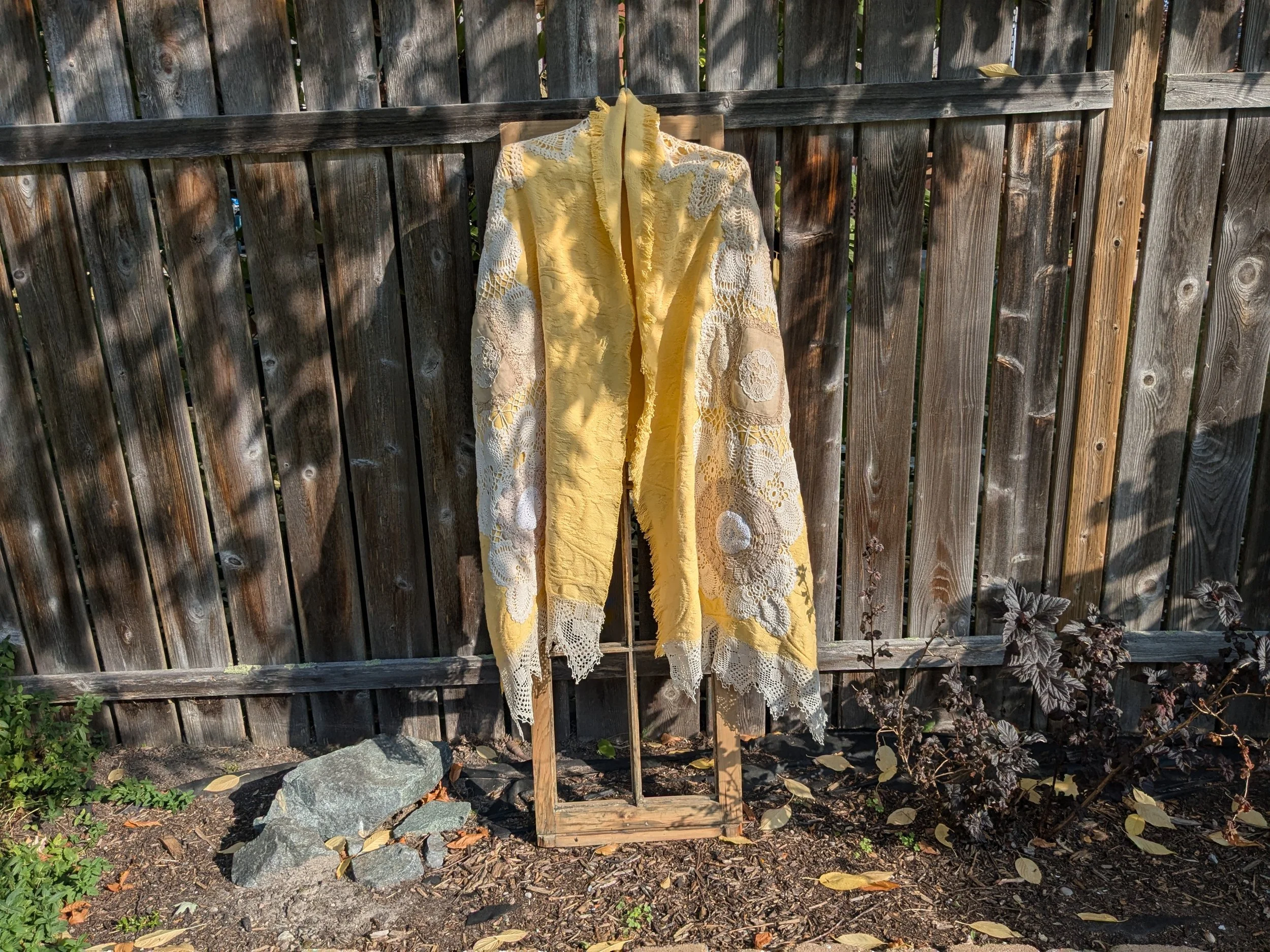 Beautiful cozy throw blanket shawl with upcycled vintage, antique and repurposed doilies and lace.