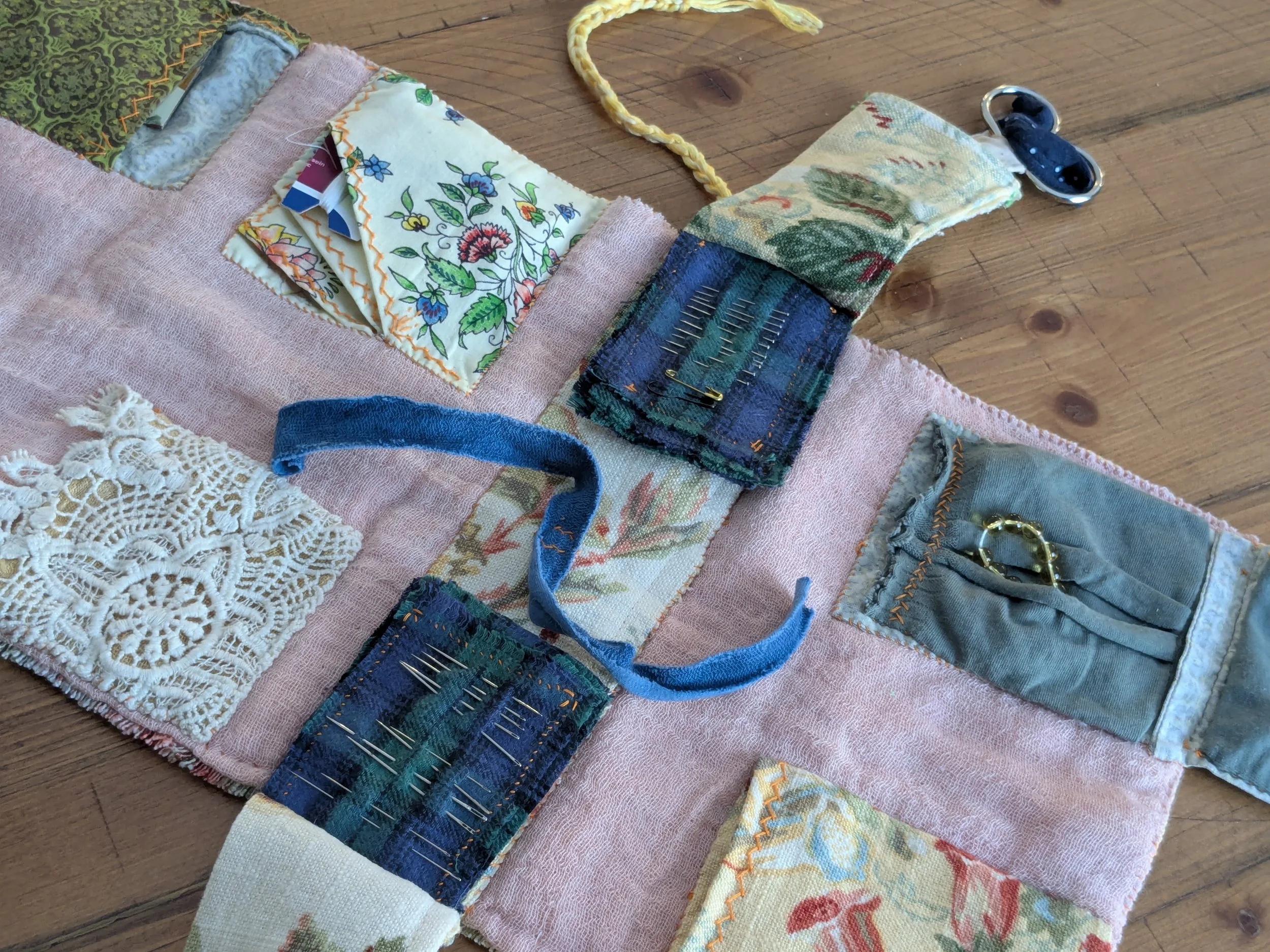 Slow-stitched sewing kit for your slow stitch projects.  All fabric and notions are upcycled and second-hand.