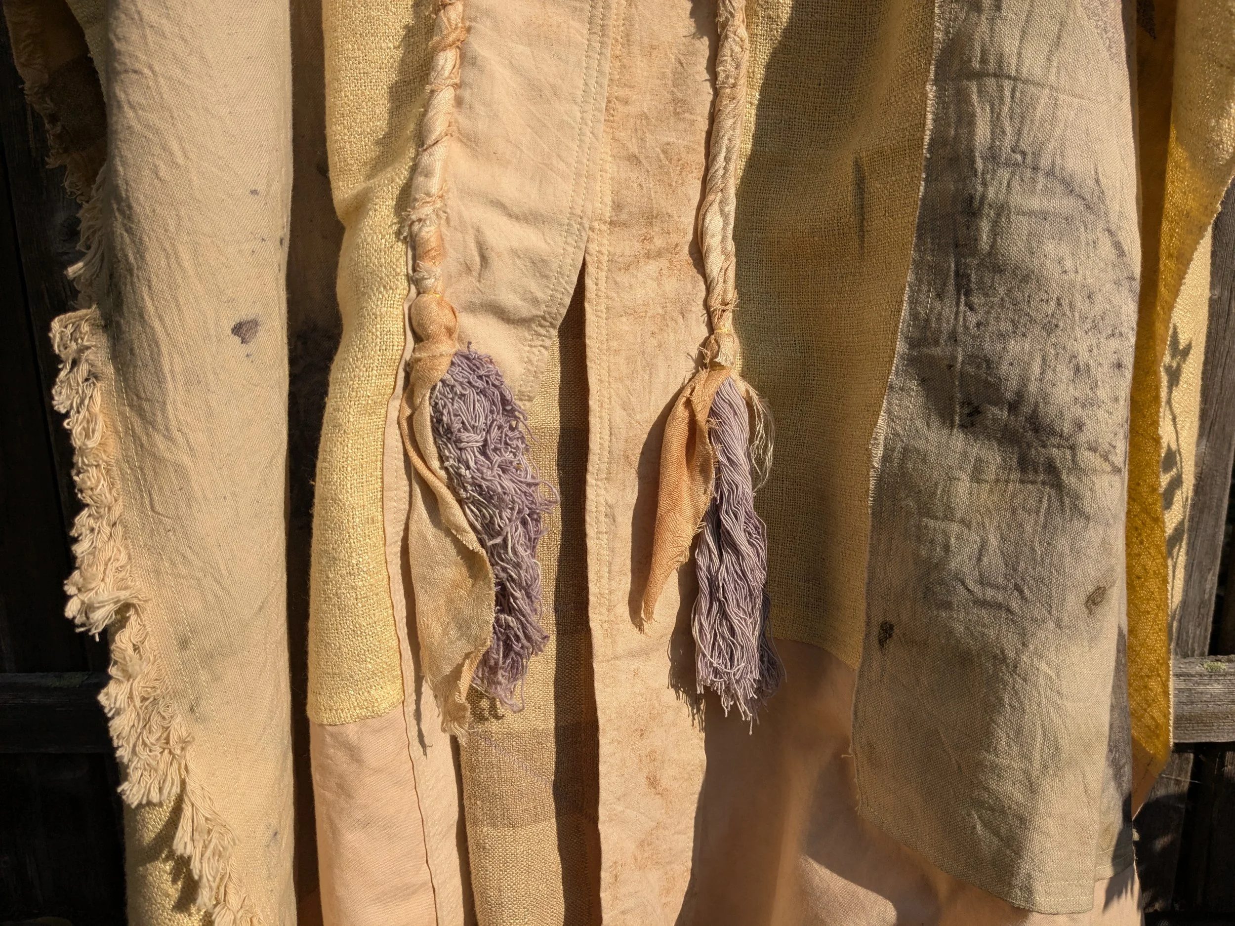 Handcrafted ceremonial shawl, linen and cotton with naturally dyed and eco-printed panels. Tassel details.