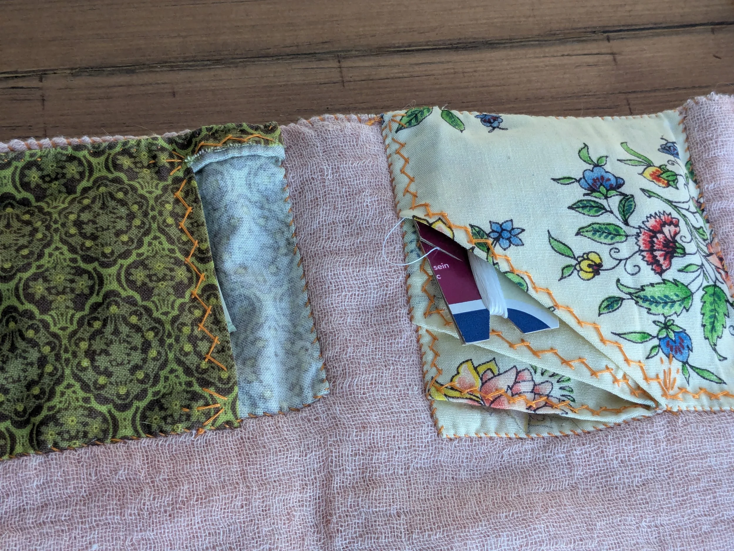 Slow-stitched sewing kit for your slow stitch projects.  All fabric and notions are upcycled and second-hand.