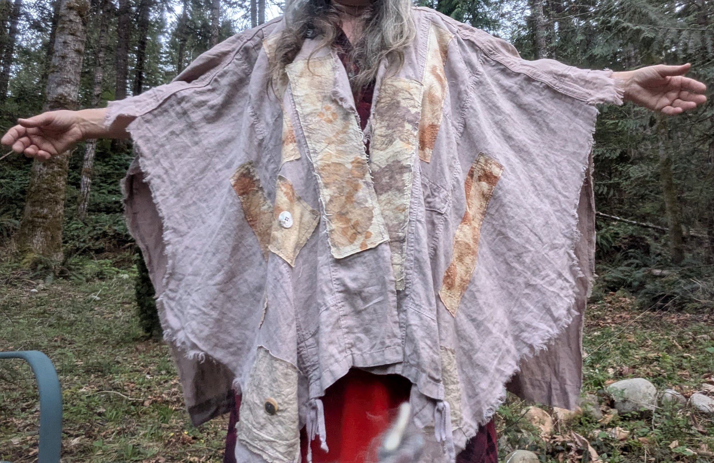 Handmade shawl, eco-printed and naturally dyed panels, upcycled linen and cotton.