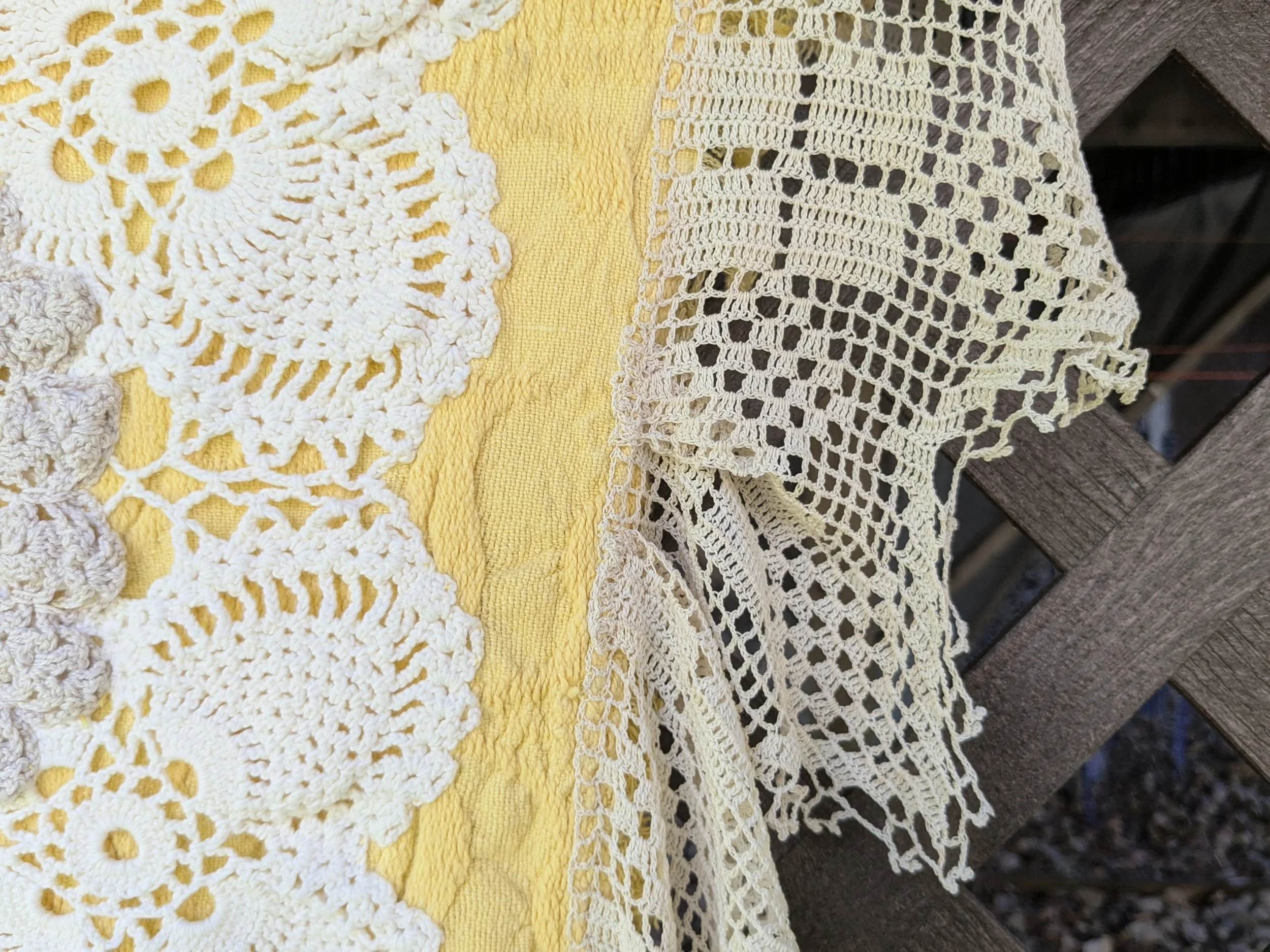 Beautiful cozy throw blanket shawl with upcycled vintage, antique and repurposed doilies and lace.