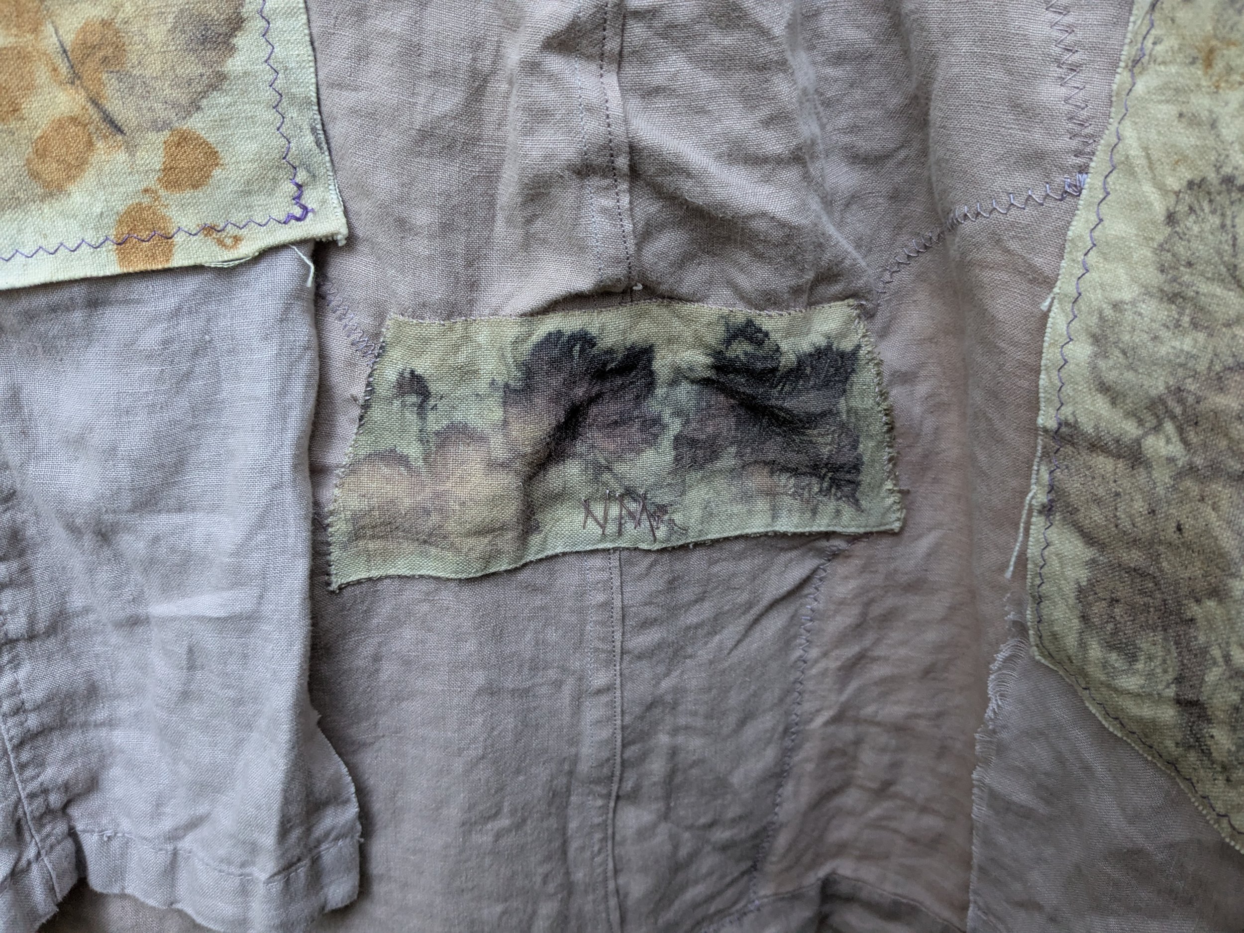 Handmade shawl, eco-printed and naturally dyed panels, upcycled linen and cotton.