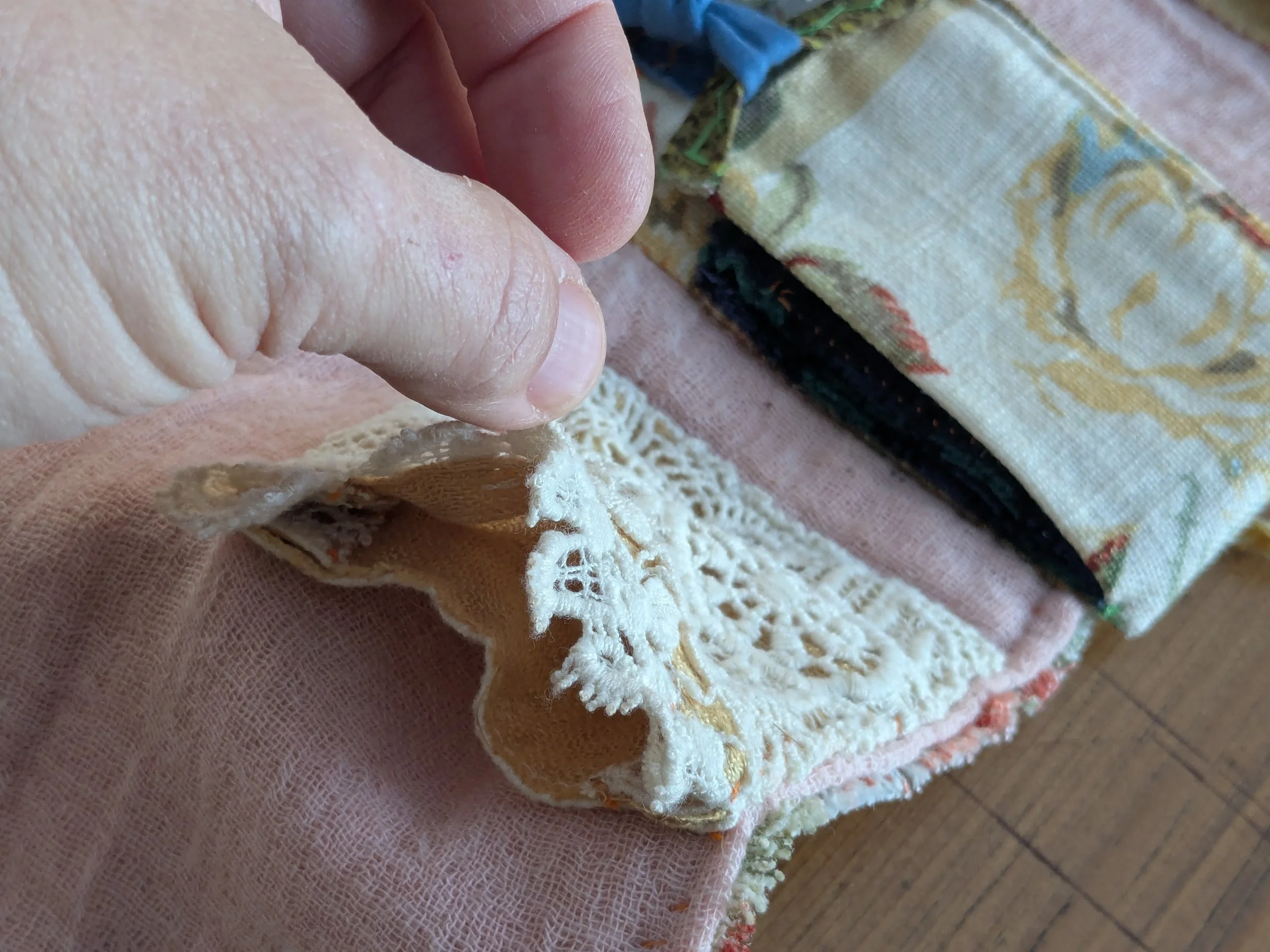 Slow-stitched sewing kit for your slow stitch projects.  All fabric and notions are upcycled and second-hand.