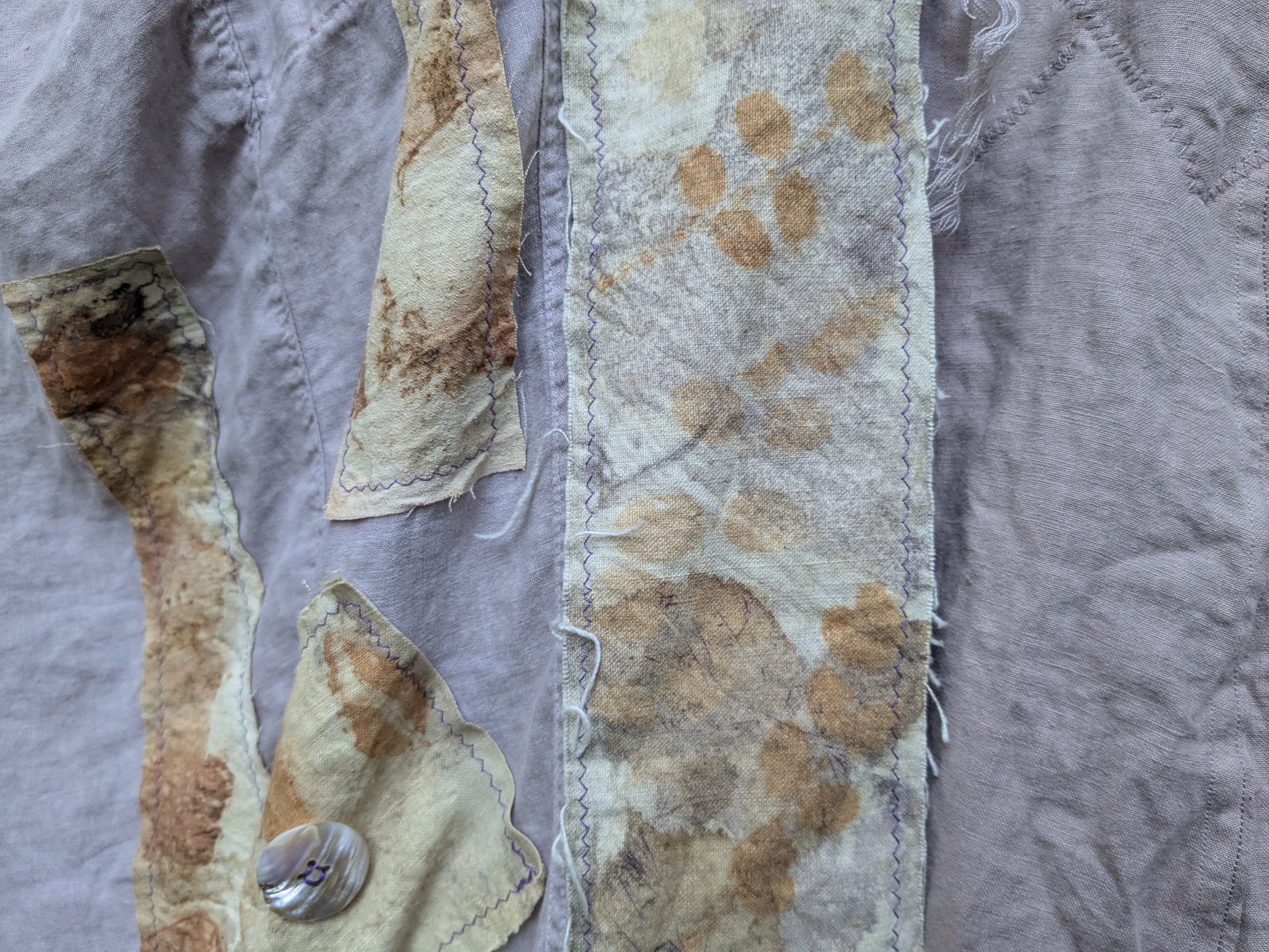 Handmade shawl, eco-printed and naturally dyed panels, upcycled linen and cotton.