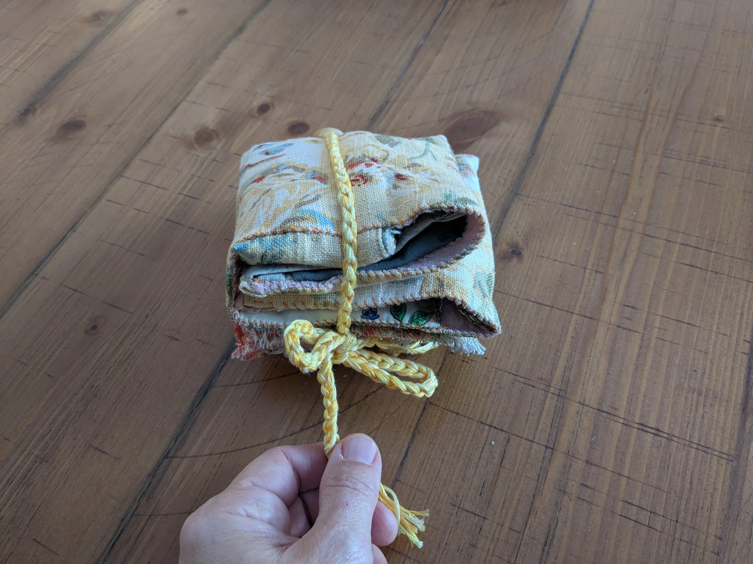 Slow-stitched sewing kit for your slow stitch projects.  All fabric and notions are upcycled and second-hand.