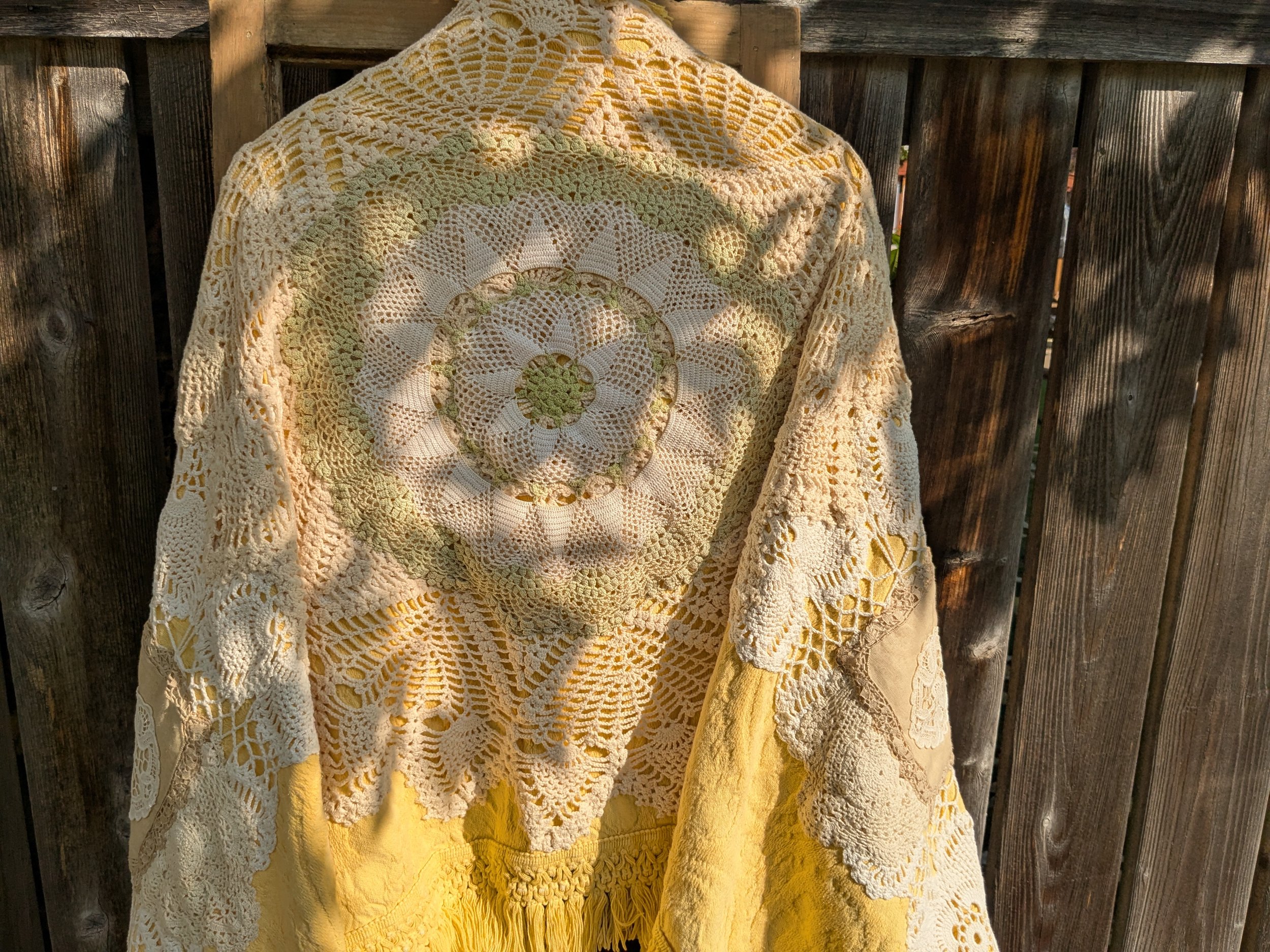Beautiful cozy throw blanket shawl with upcycled vintage, antique and repurposed doilies and lace.