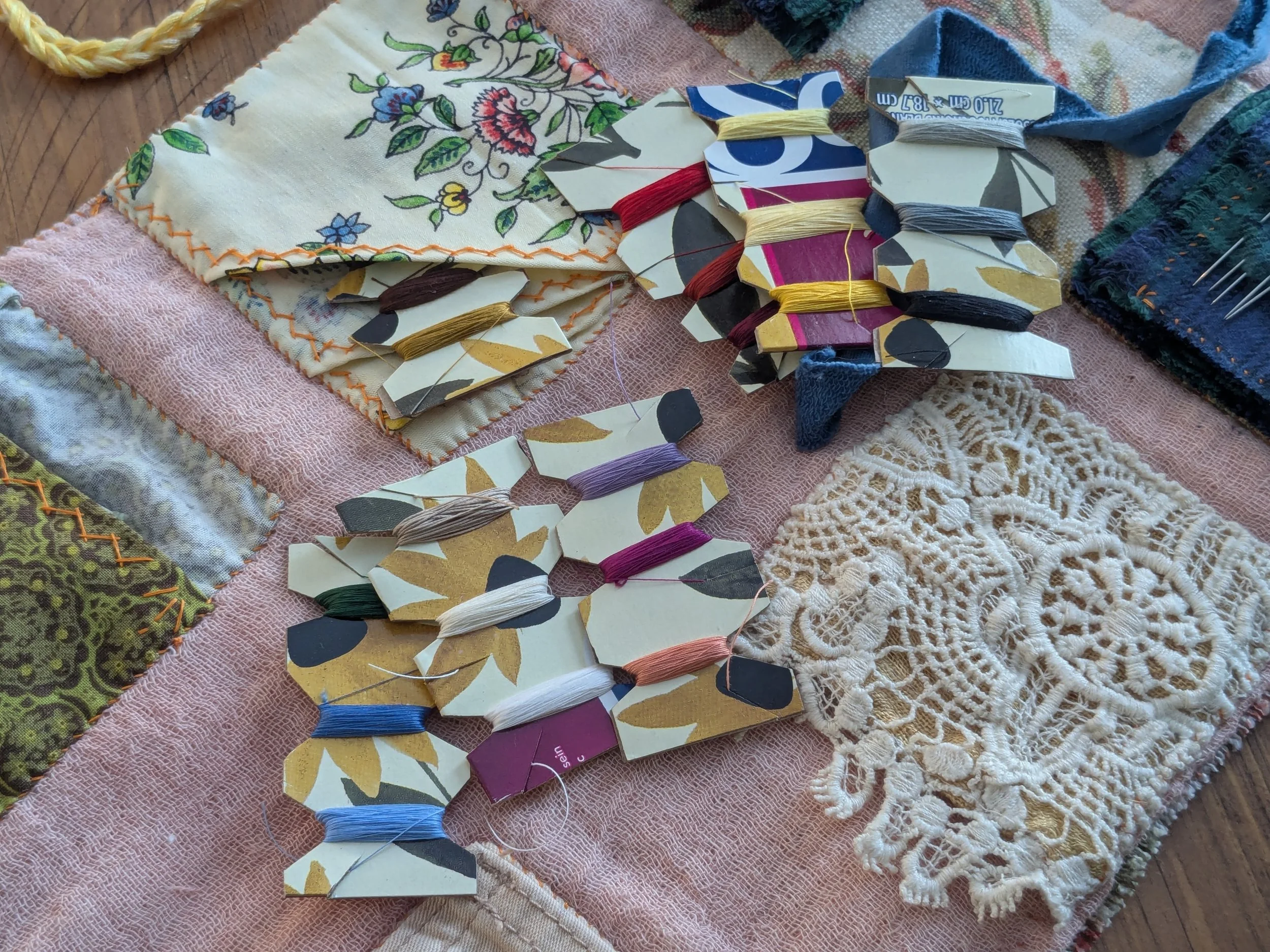 Slow-stitched sewing kit for your slow stitch projects.  All fabric and notions are upcycled and second-hand.