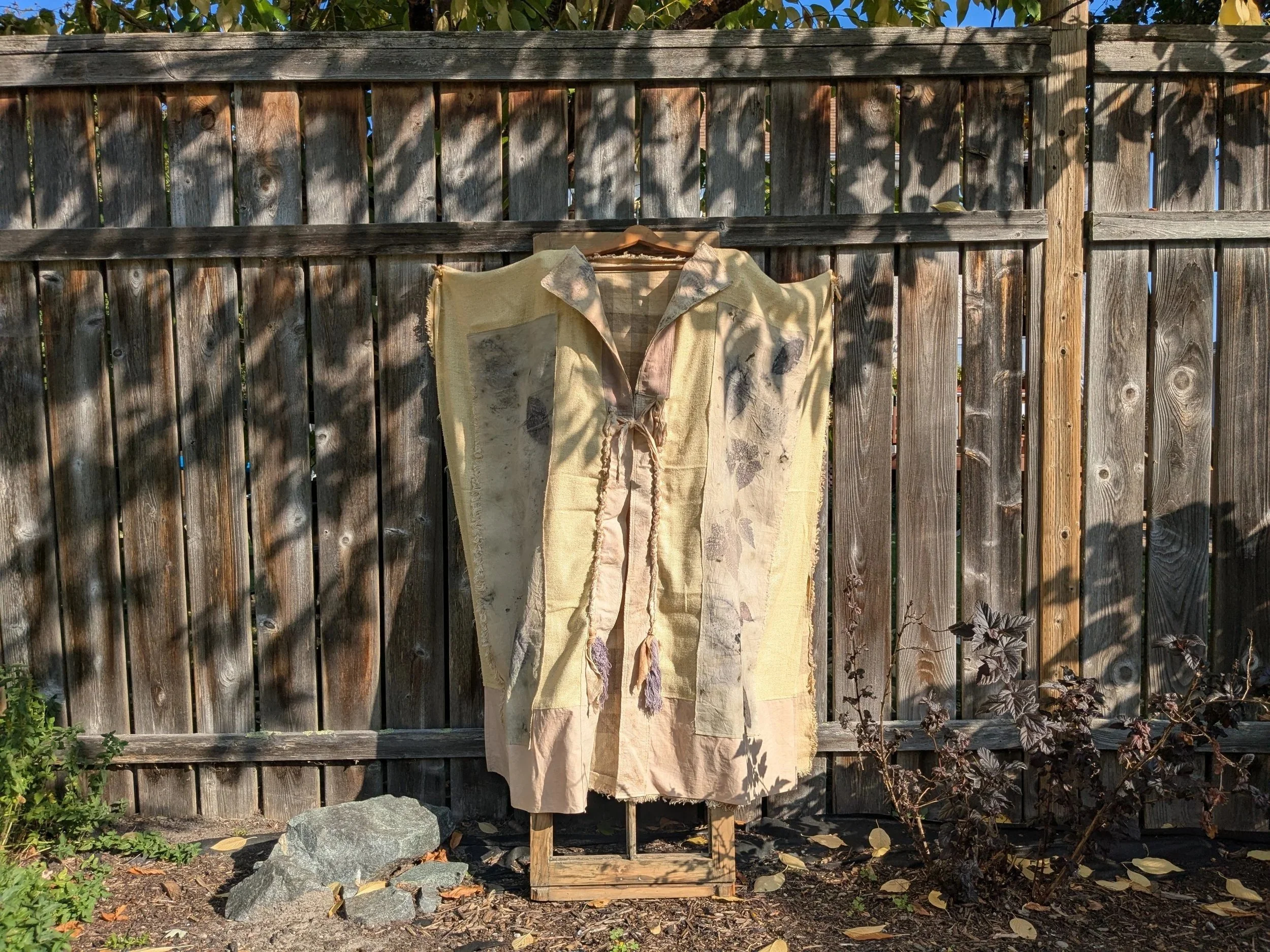 Handcrafted ceremonial shawl, linen and cotton with naturally dyed and eco-printed panels.