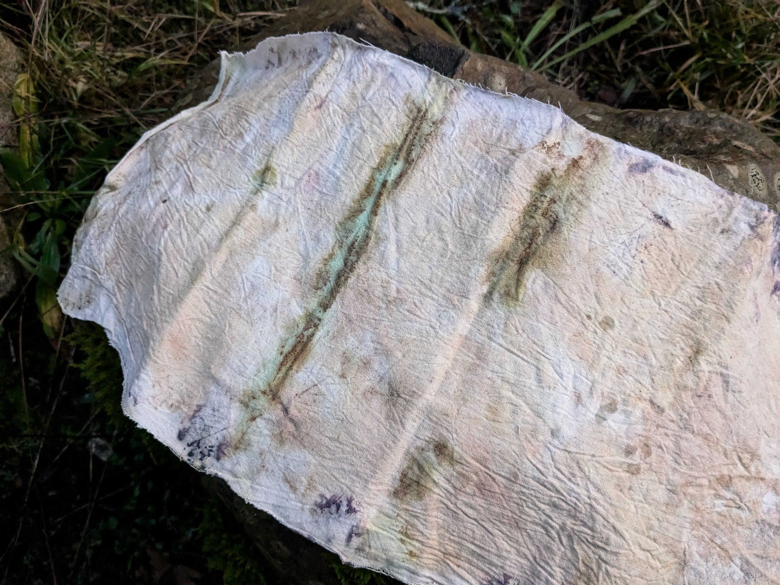 Eco-prints, naturally dyed on upcycled cotton and linen fabric.