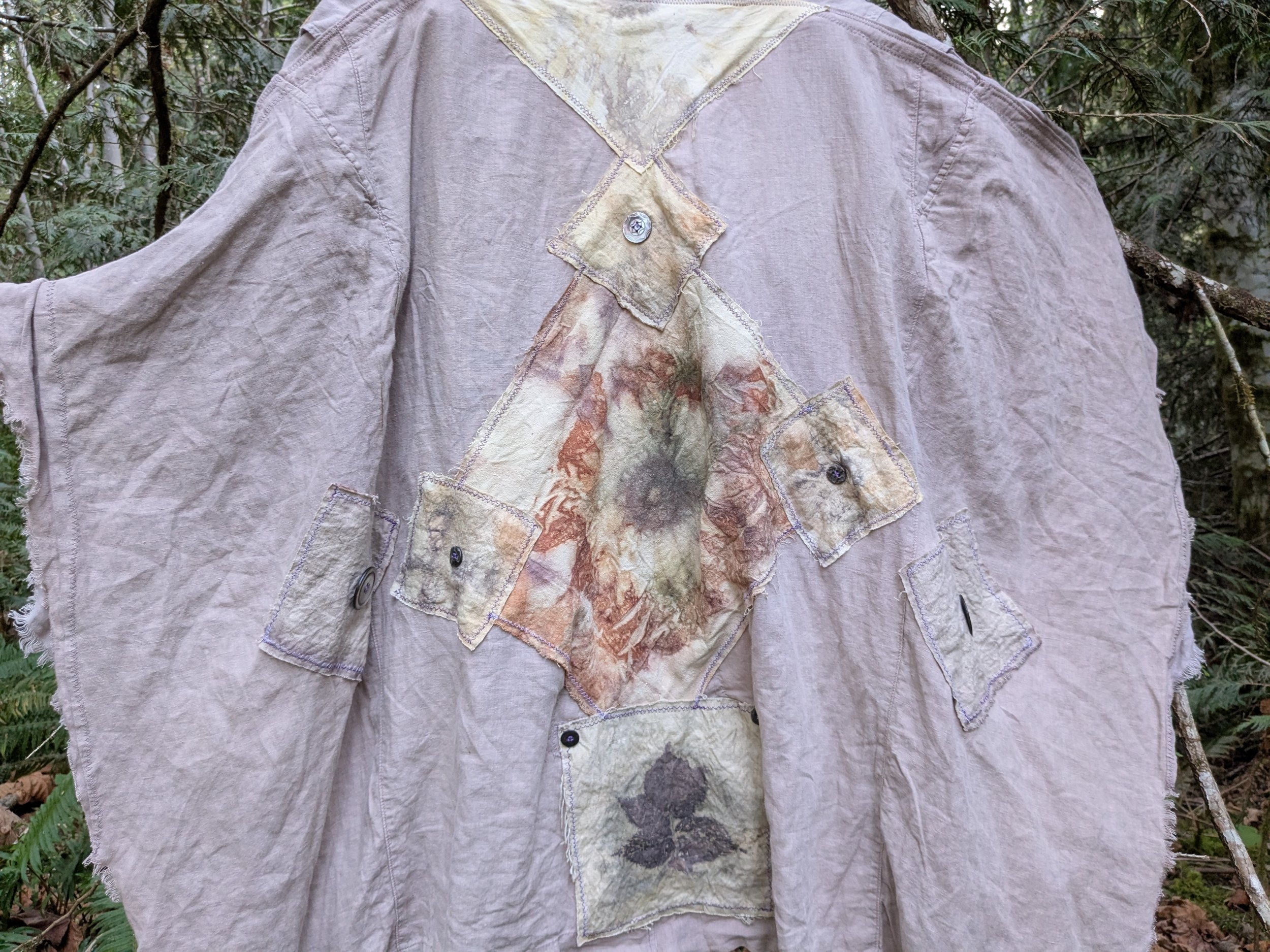 Handmade shawl, eco-printed and naturally dyed panels, upcycled linen and cotton.