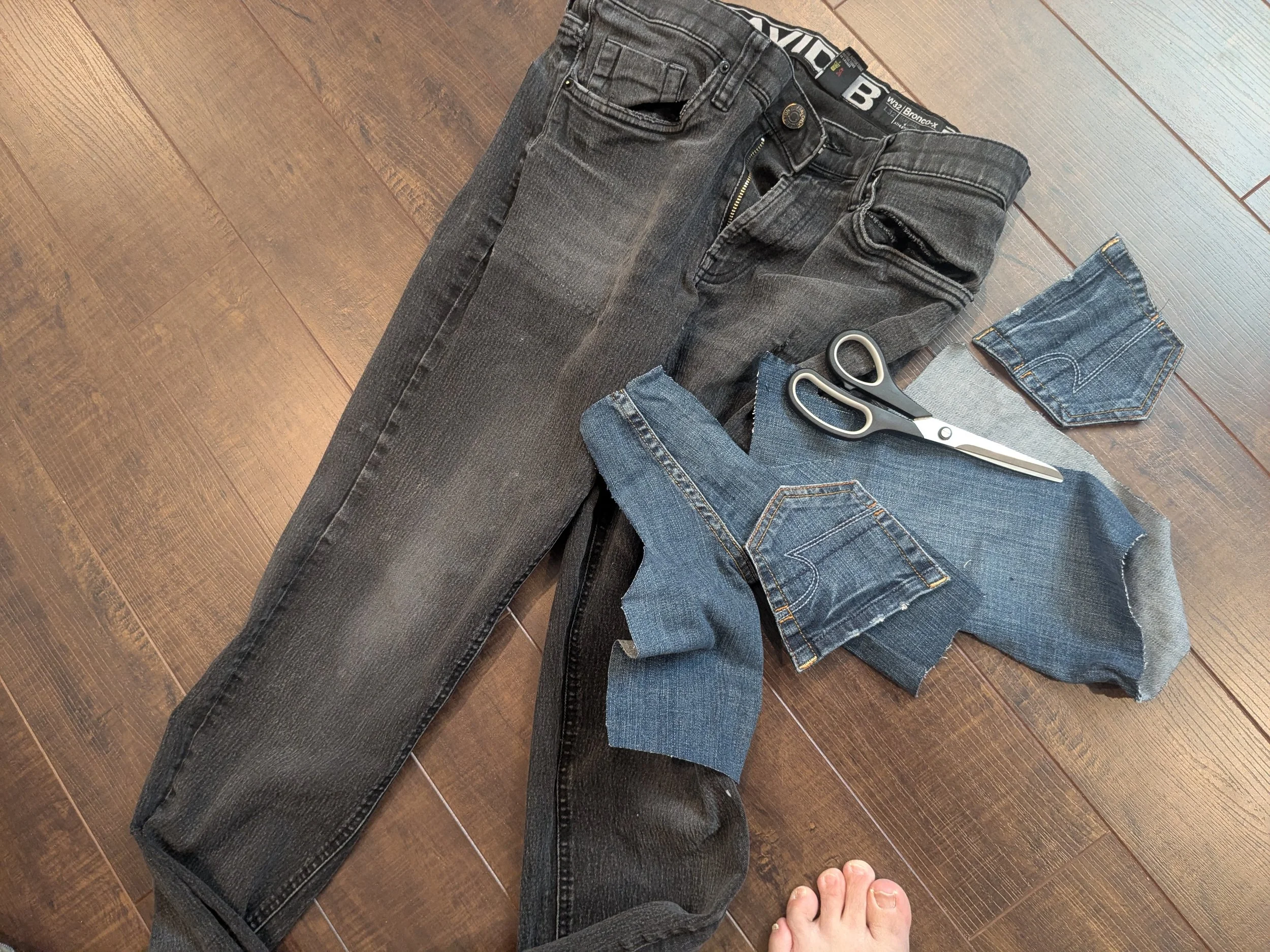 Jeans and upcycled denim patch material.