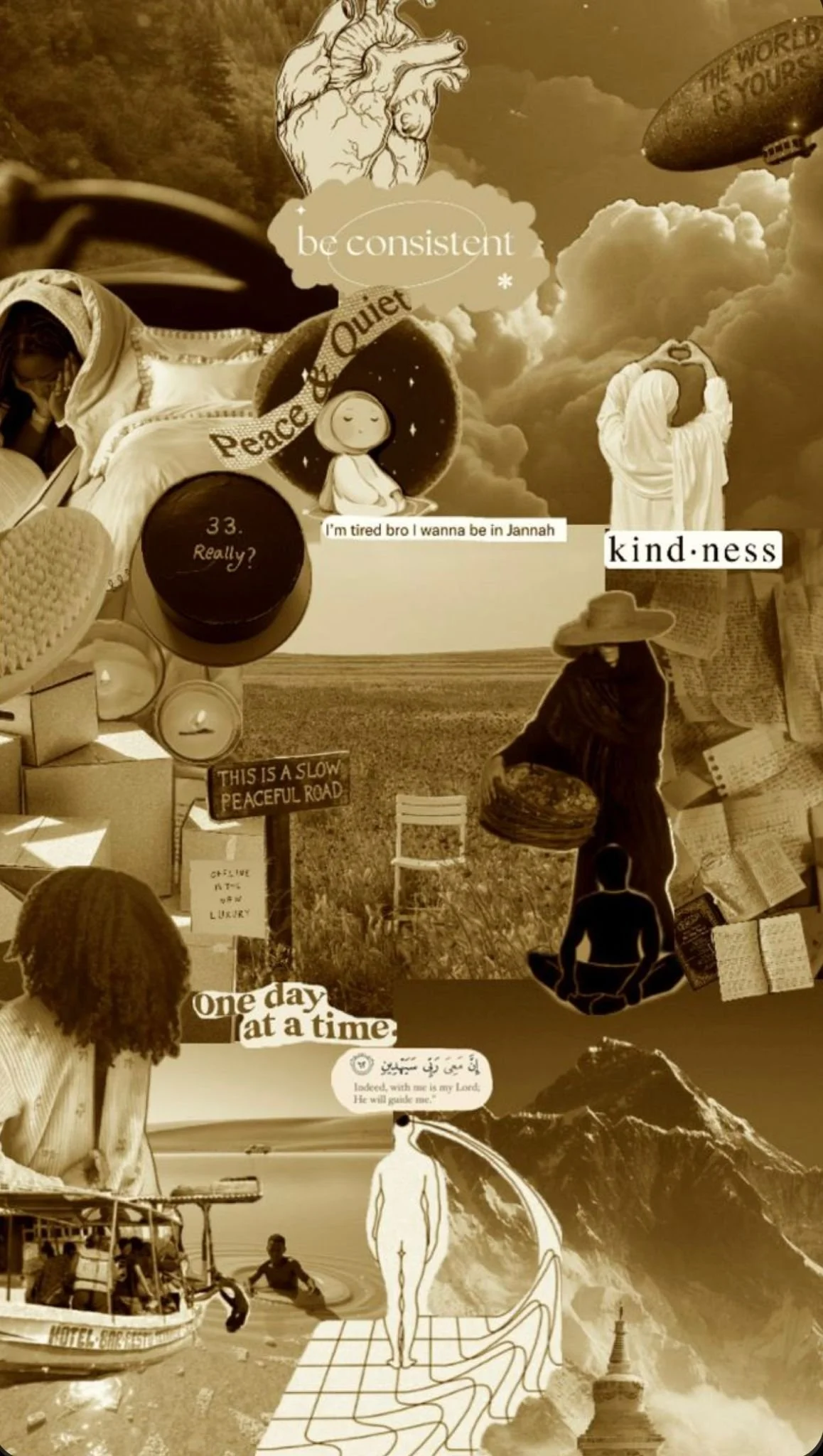 Vision board, including a peaceful slow, muslim girl aesthetic