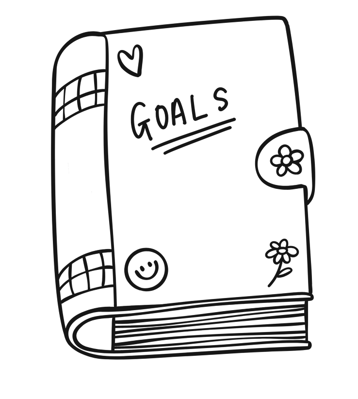 A sketch of a notebook with the word 'GOALS' written on the cover, decorated with hearts, flowers, a smiley face, and a checked pattern.