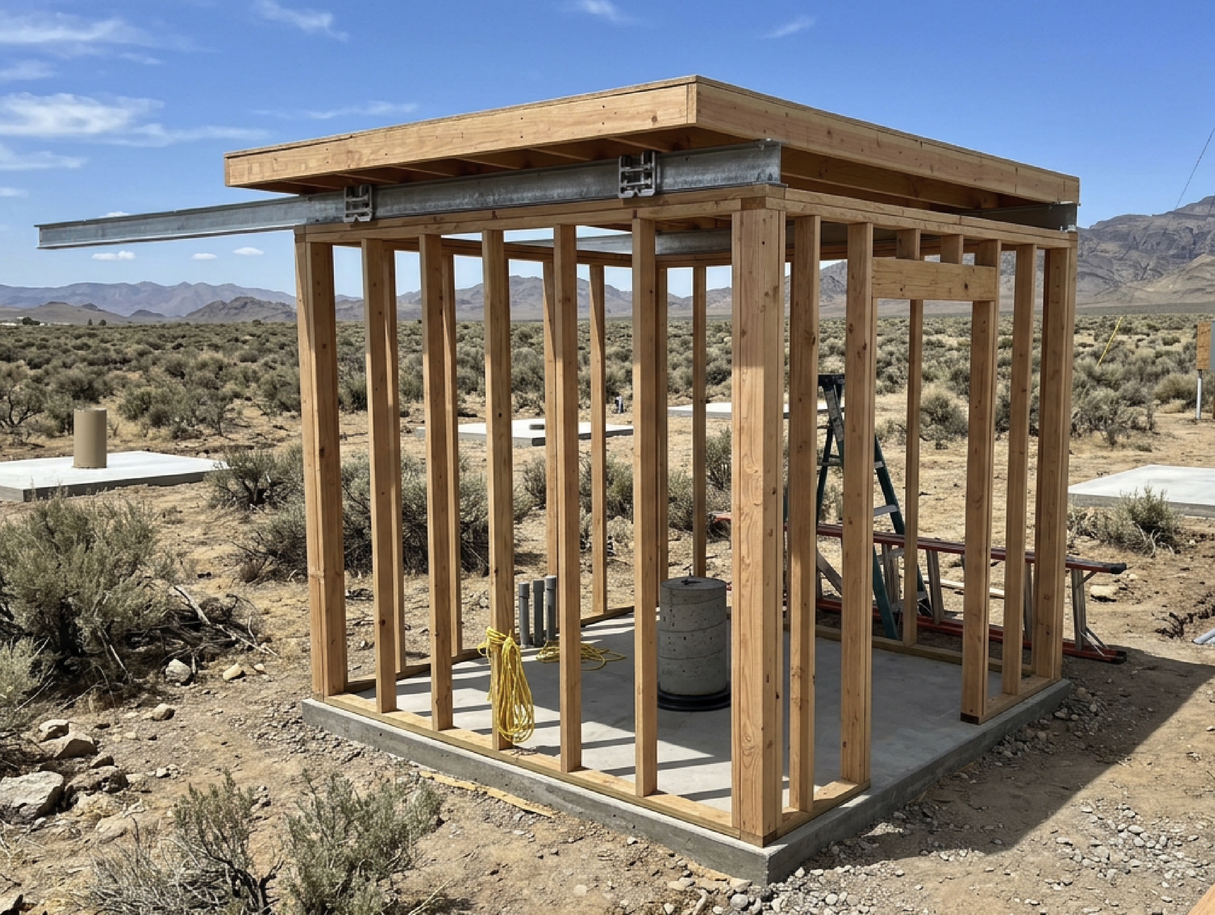 A wooden framing structure under construction in a desert landscape with mountains in the background.