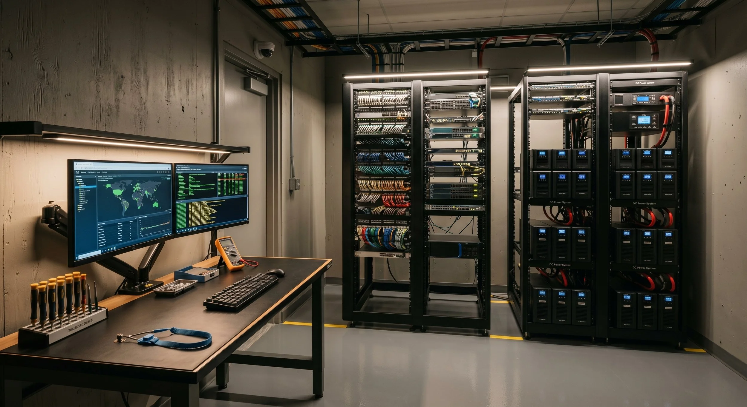 A server room with computer monitors displaying a world map and network data, and multiple server racks filled with electronic equipment and cables.