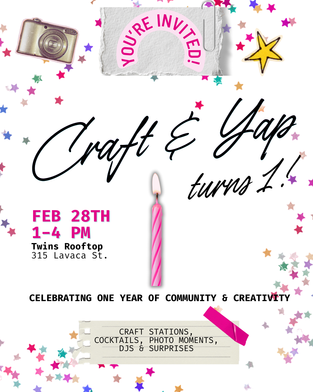A colorful invitation card for a craft and zap event, celebrating one year of community and creativity. It features a birthday candle, confetti, and decorative elements like a camera and star. The event details include date, time, location, and activities.