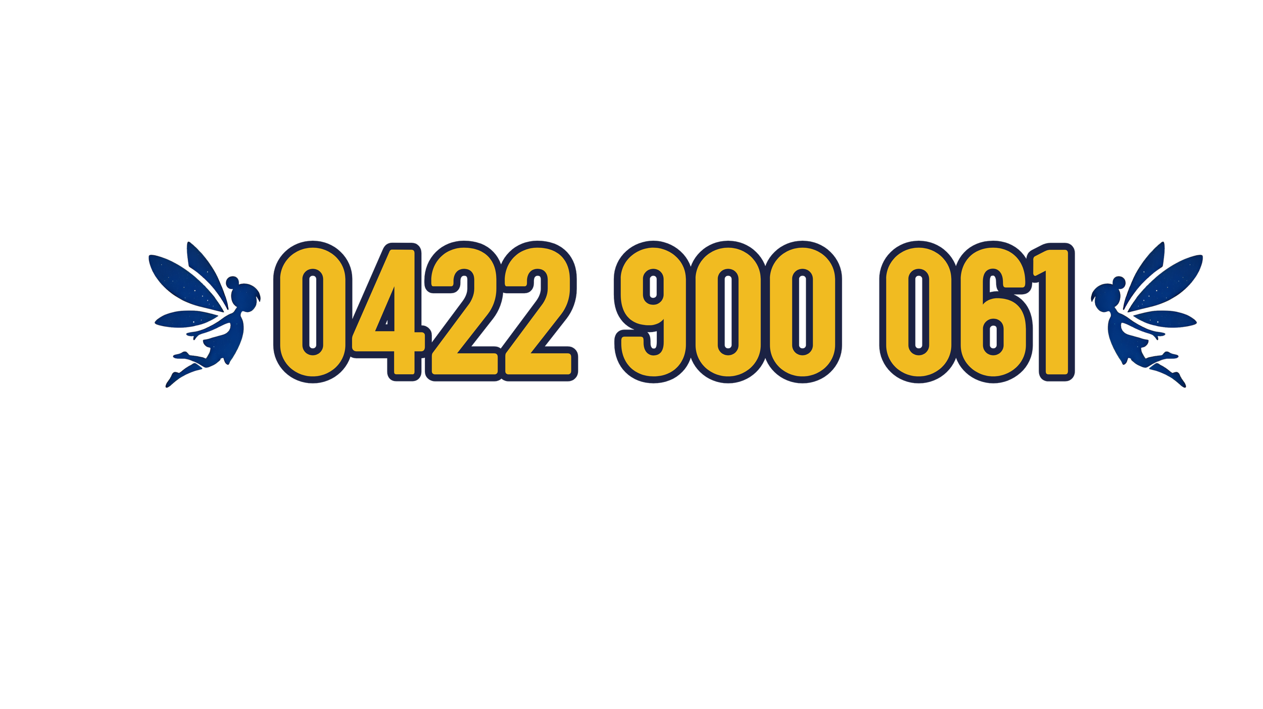Blue fairy-like figures on either side of a phone number '0422 900 061' in yellow text with a dark background.