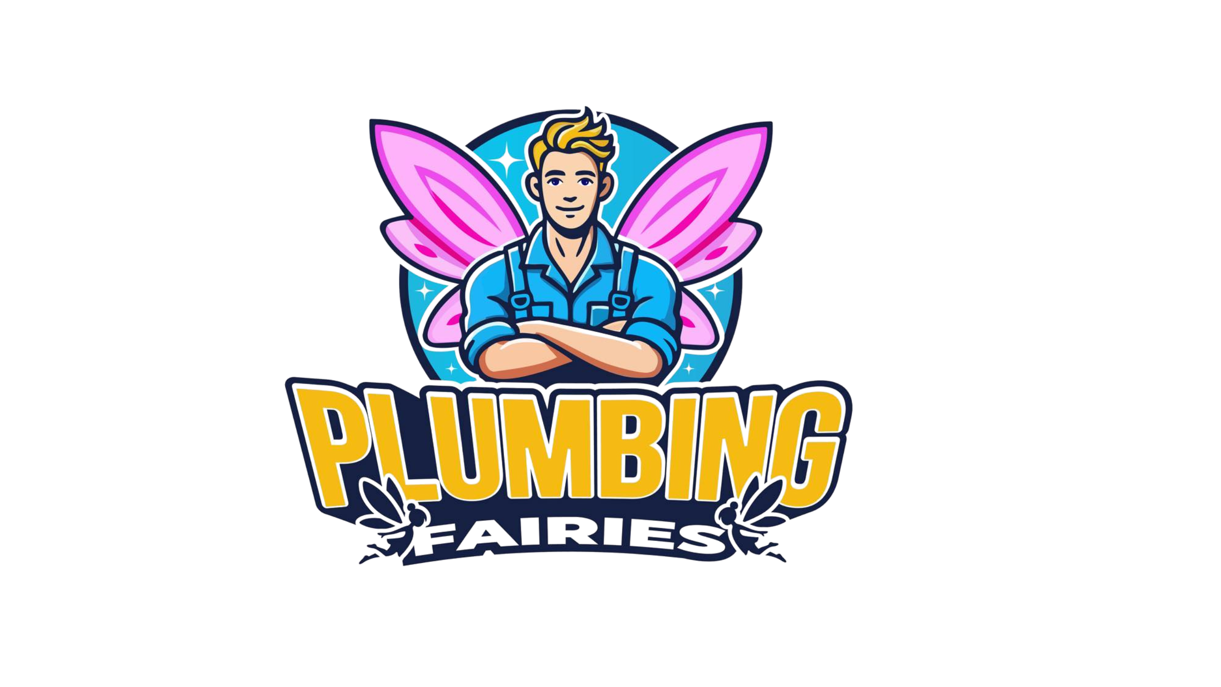 A cartoon-style logo of a male plumber with crossed arms, yellow hair, wearing a blue shirt, pink fairy wings, and surrounded by a blue circular background with sparkles. Below, the text reads 'PLUMBING FAIRY' with a decorative flourish.