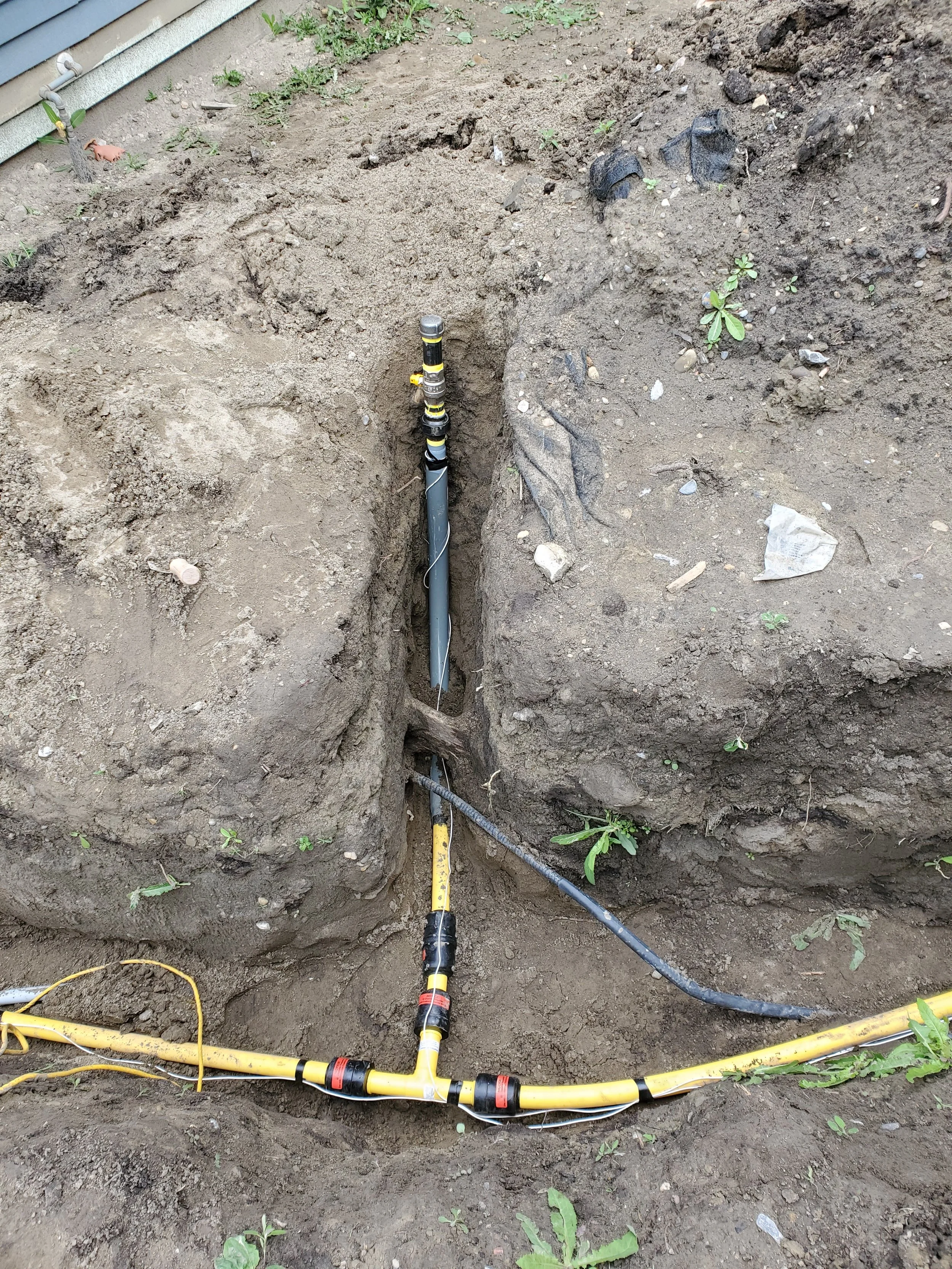 A trench with underground piping and yellow flexible conduits, connected with black and red fittings, in a dirt yard near a house wall, possibly for plumbing or irrigation installation.
